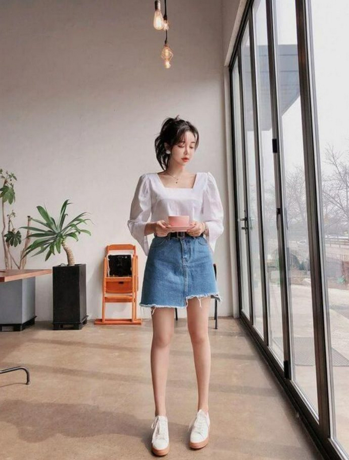 Long-Sleeve White Blouse And Denim Skirt, Sneakers