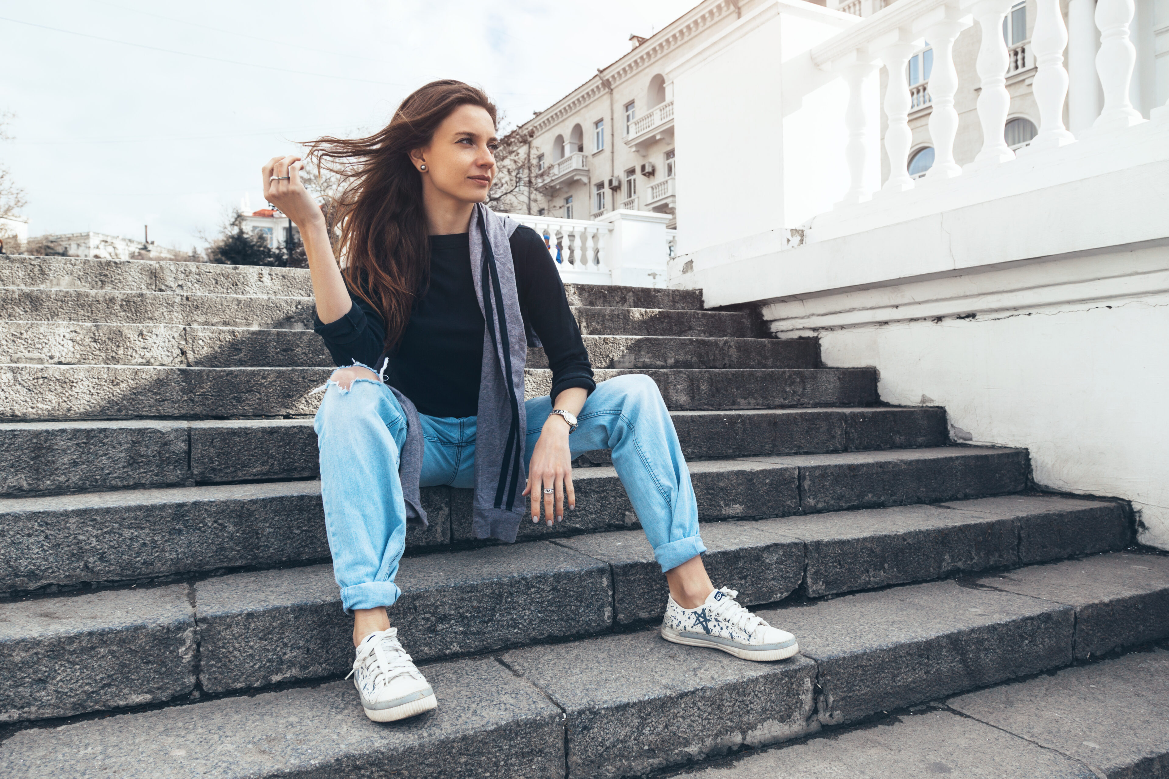 Long-Sleeved Shirts, Ripped Jeans, And Sneakers