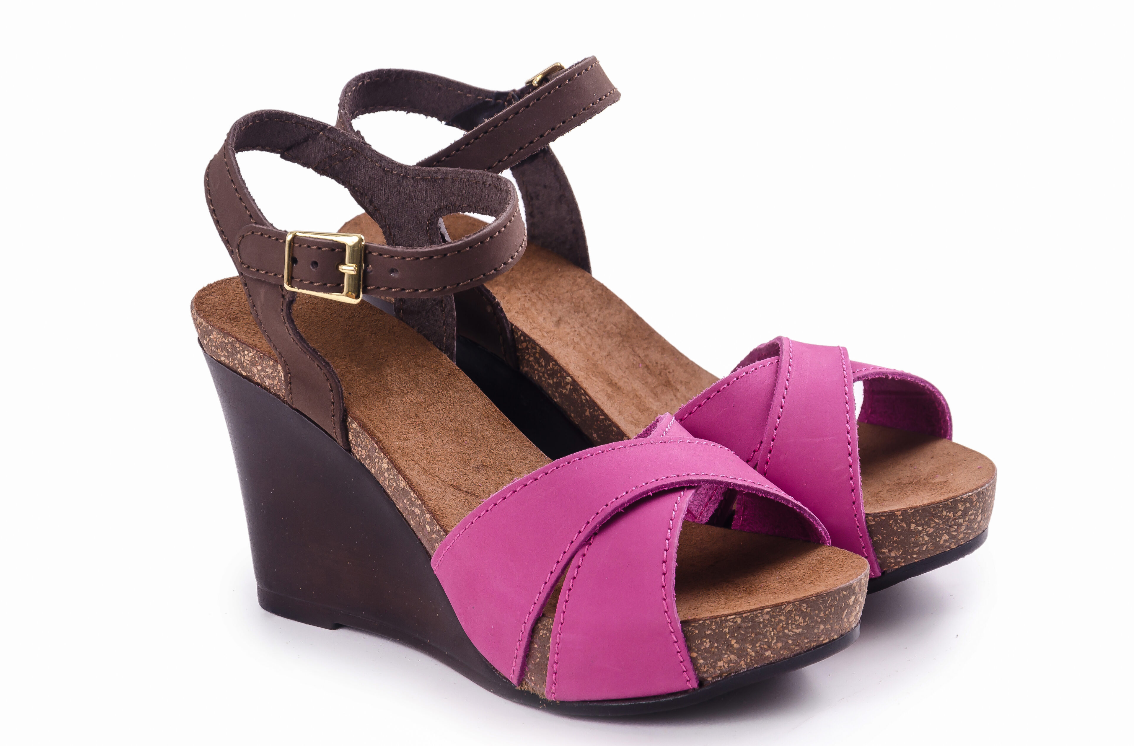 Leather Sandals, Brown and Purple, on a High Wedge