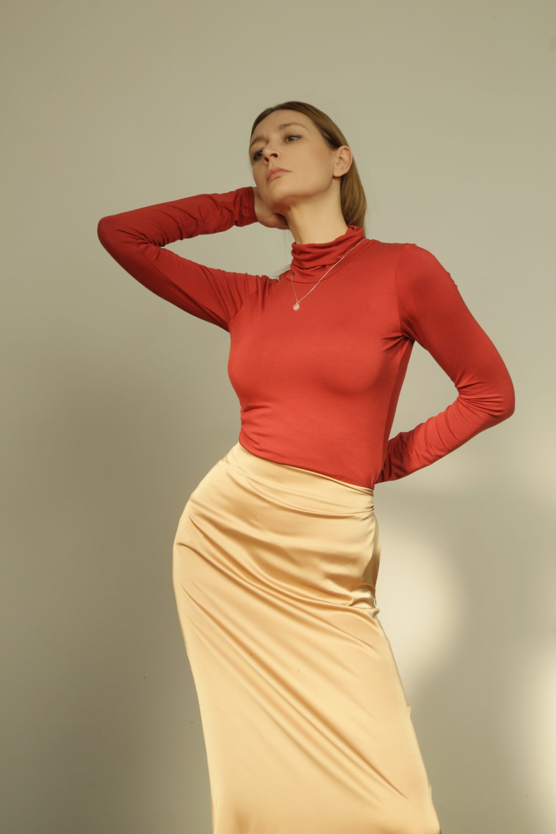 Red Turtleneck & Yellow Silk Midi Skirt