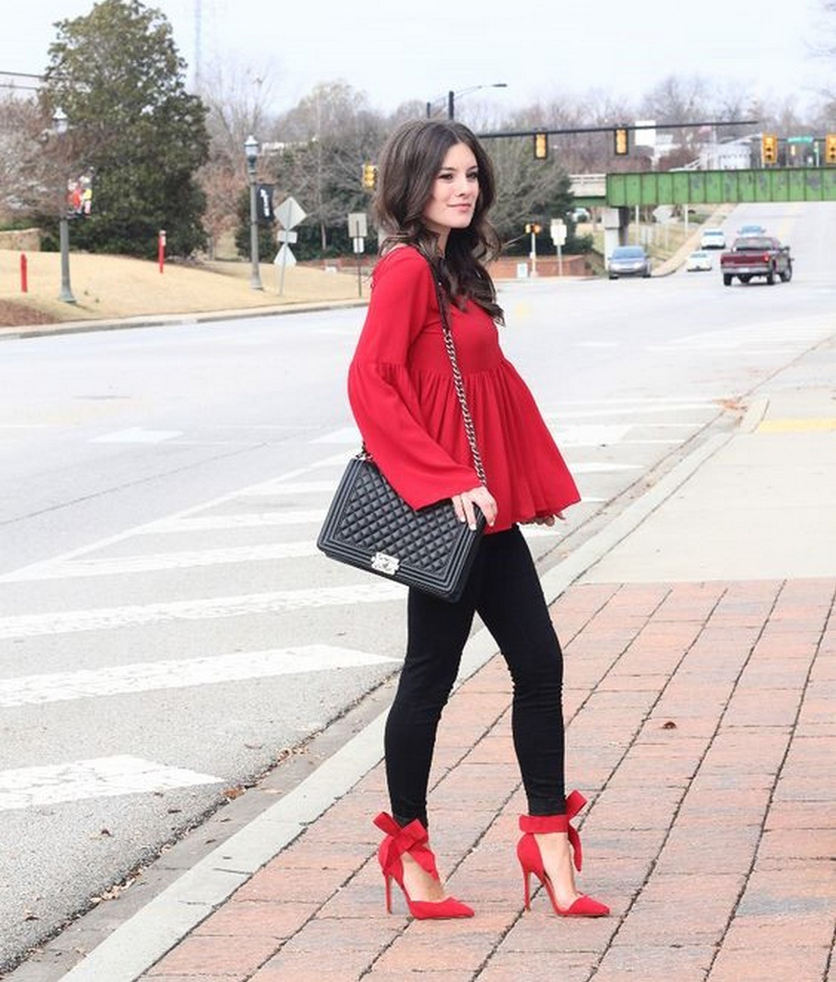  Red Blouse, Skinny Black Pants, And Red Ankle-High Heels