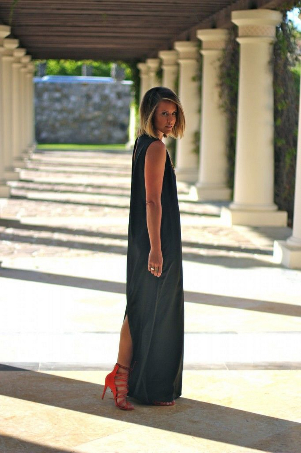 Black Maxi Dress, Red High Heel