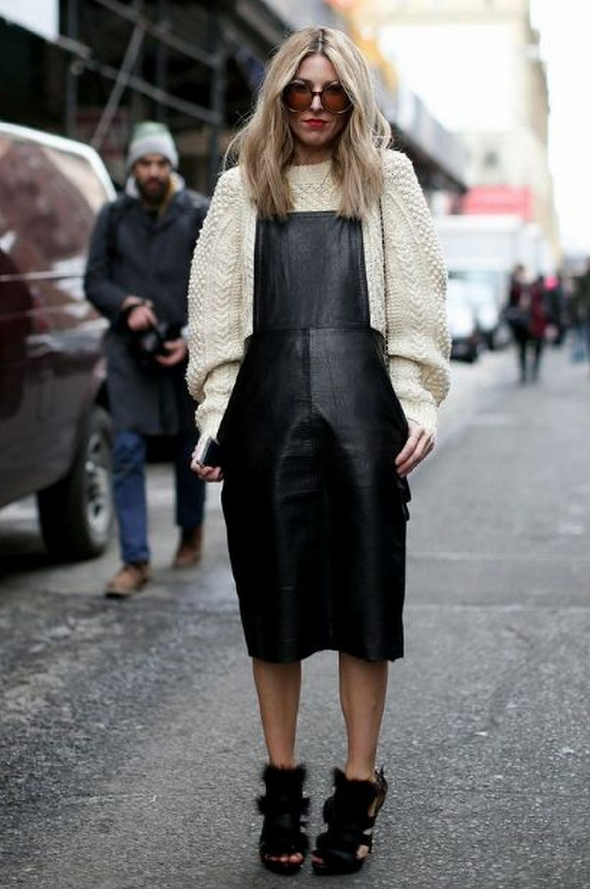 Cream Knit Sweater With Black Leather Overalls