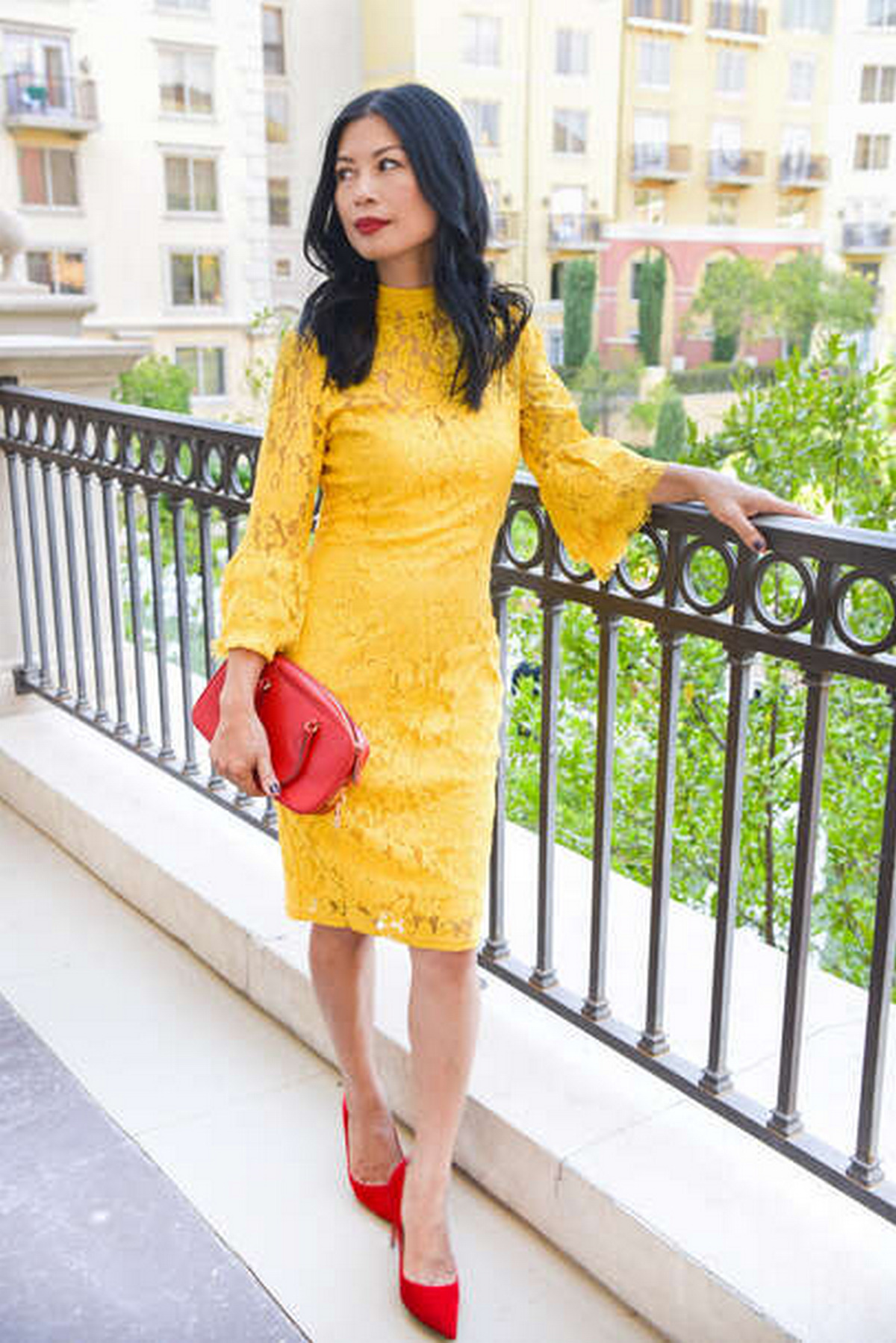 Yellow Lace Dress And Red High Heels