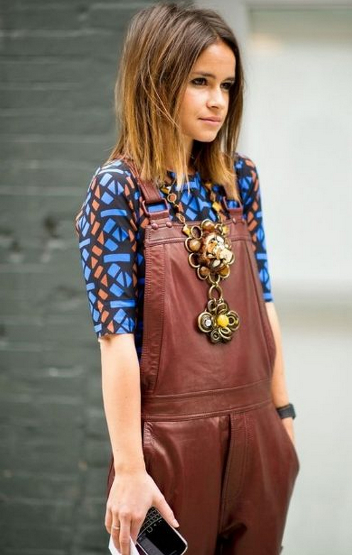 Blue Patterned Top With Brown Leather Overalls