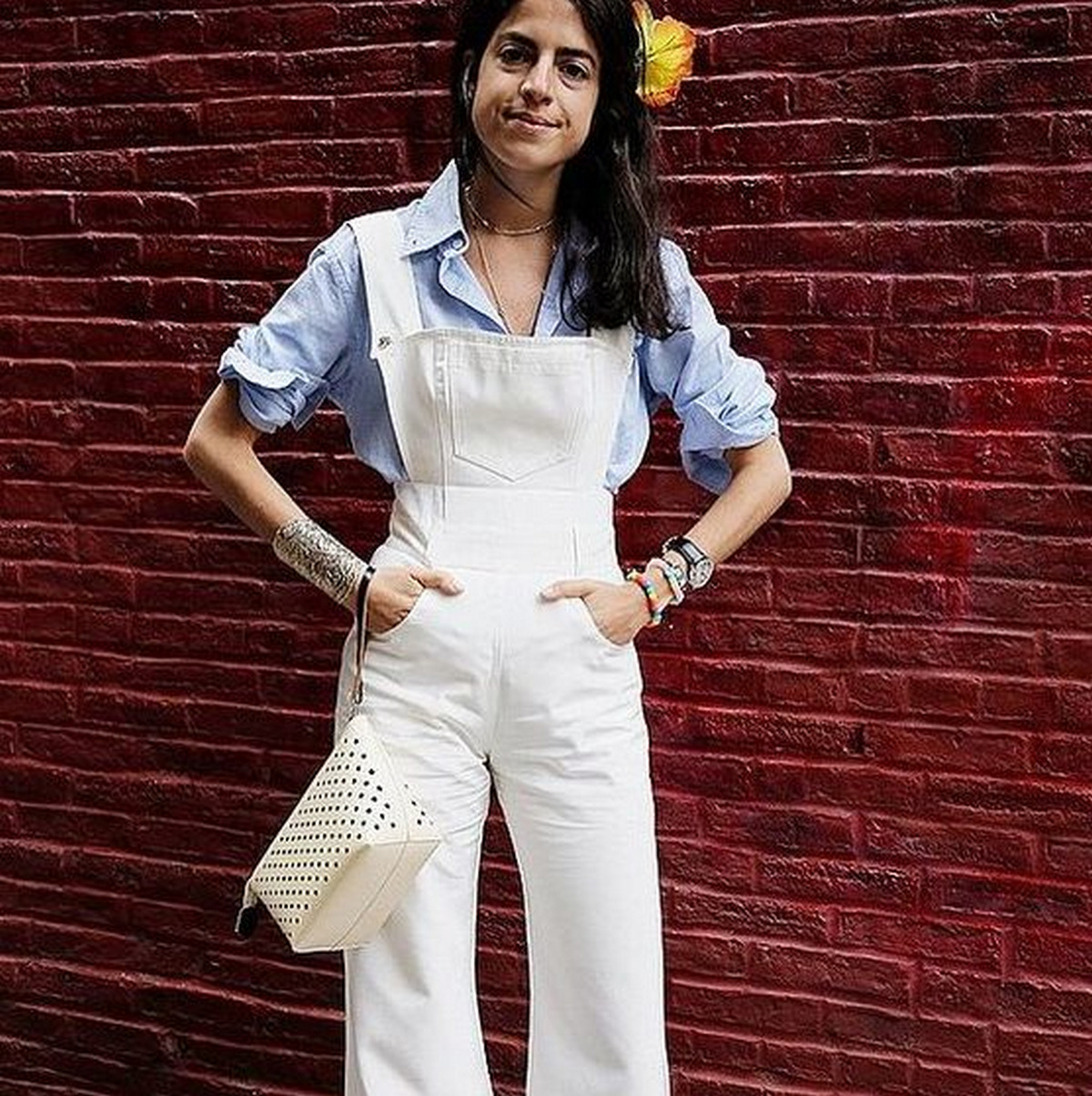 Light Blue Shirt With White Overalls