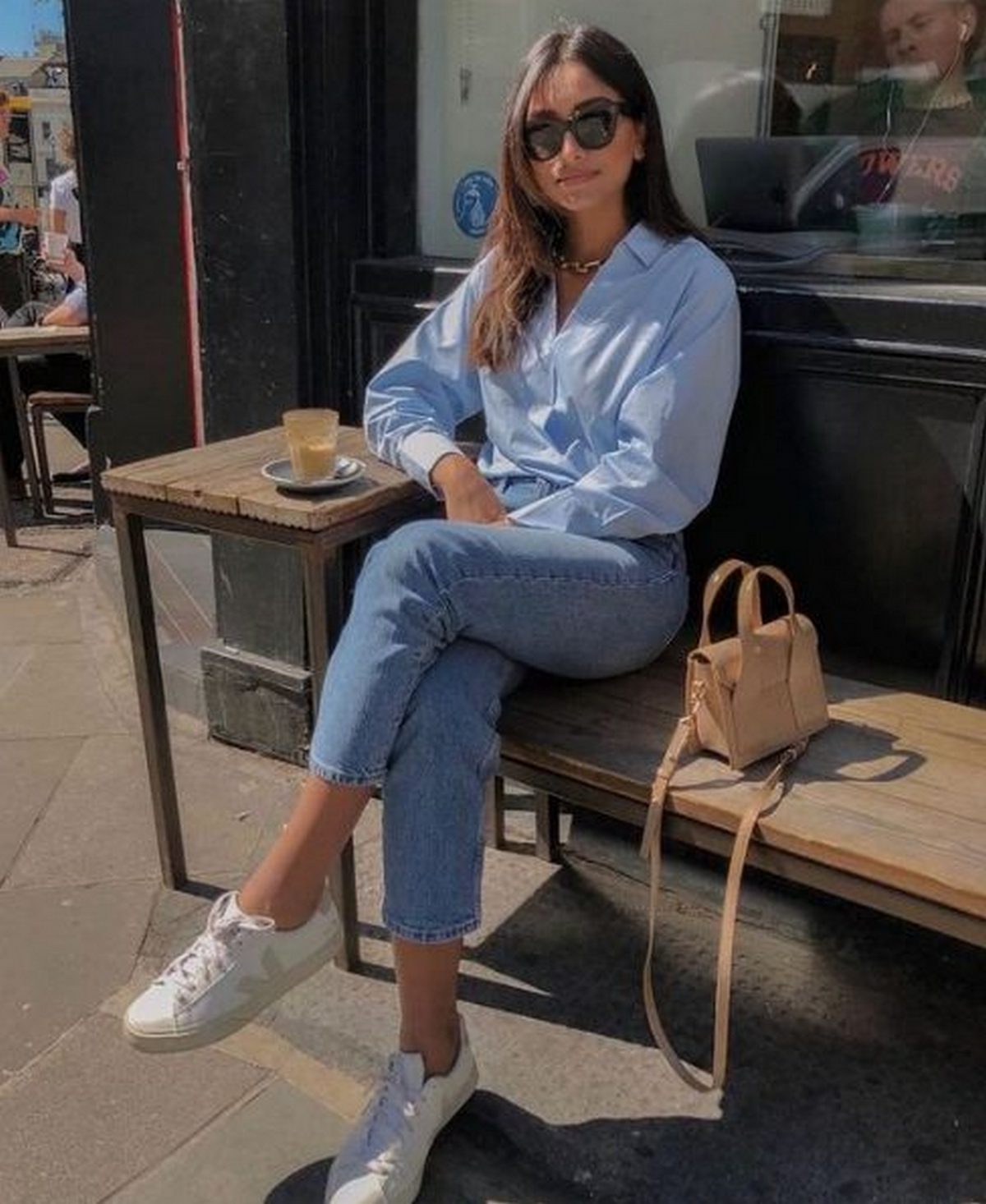 Blue Shirt, Jeans, And Nike Sneakers