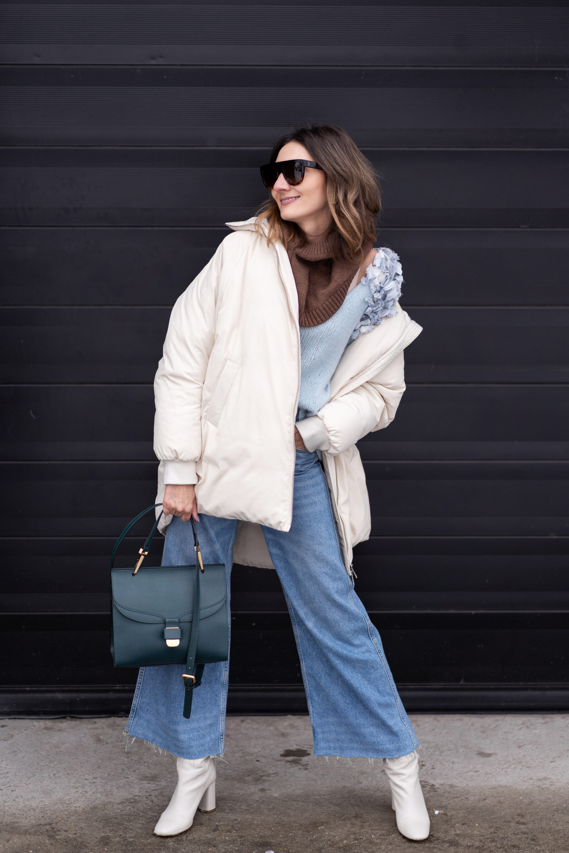 Beige Oversized Down Jacket, Knitted Sweater & Flared Jeans 