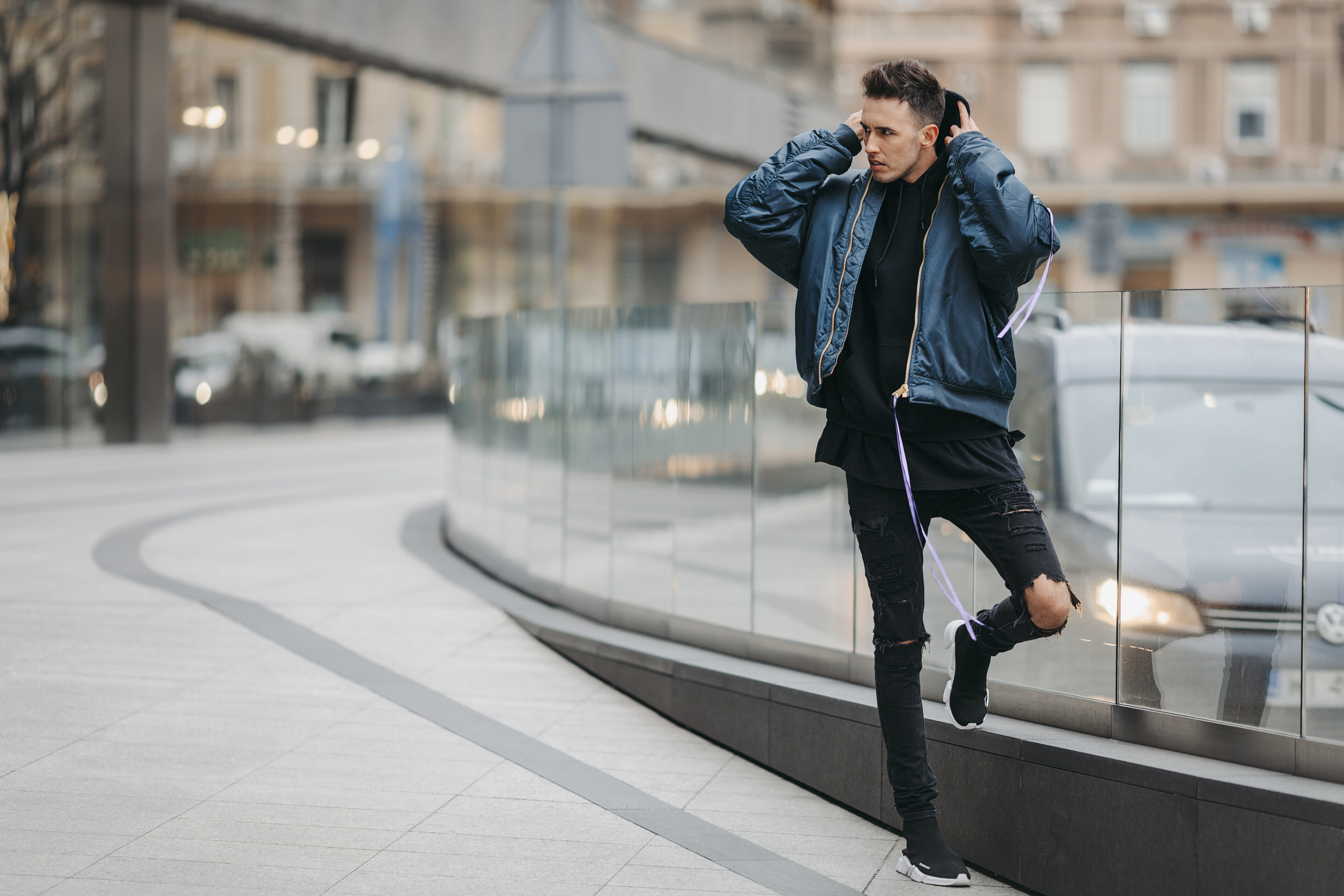 Blue Jacket With an All-Black Outfit