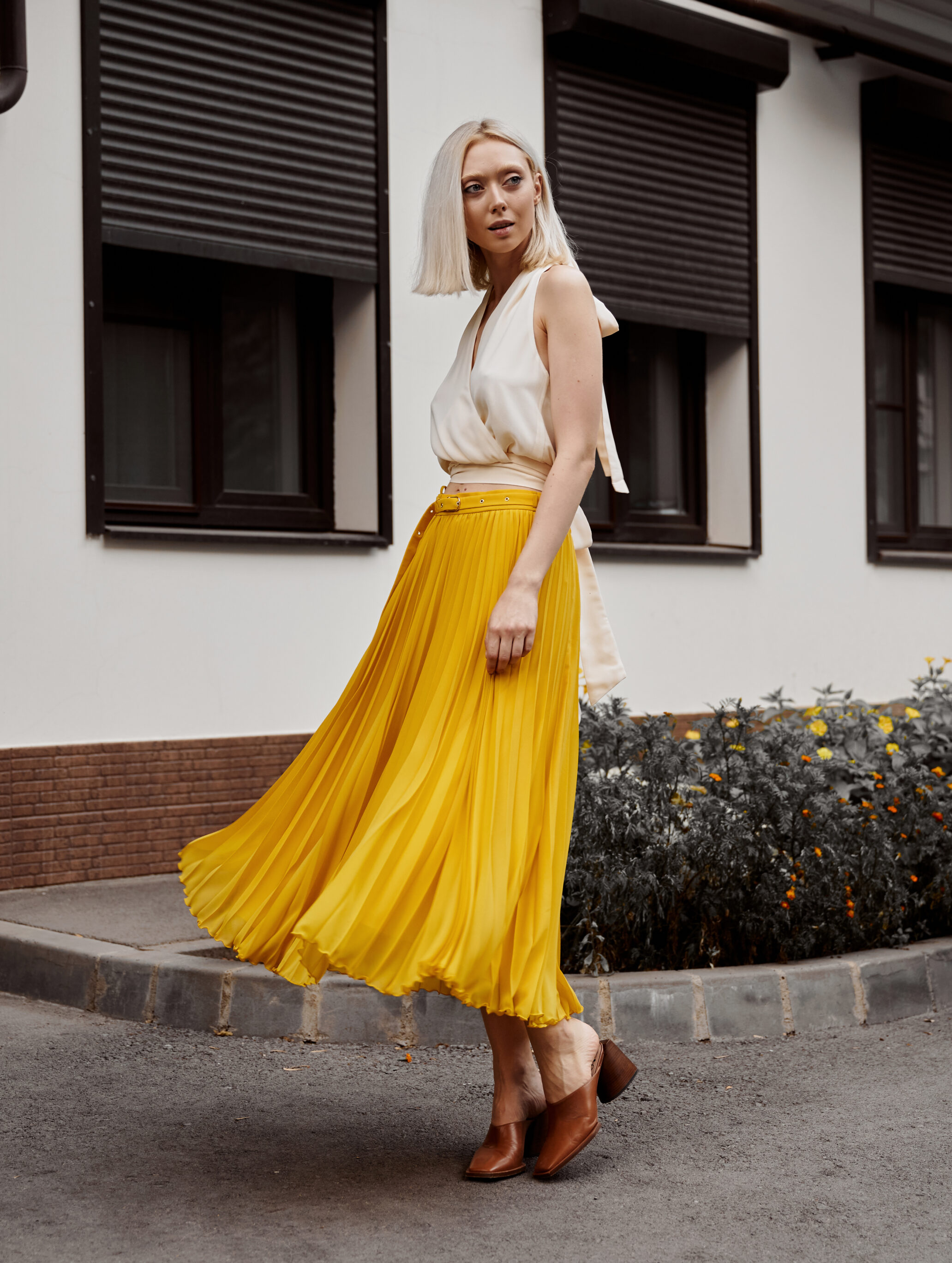 V-neck Bow-tie Shirt With Maxi Skirt And Mules Shoes