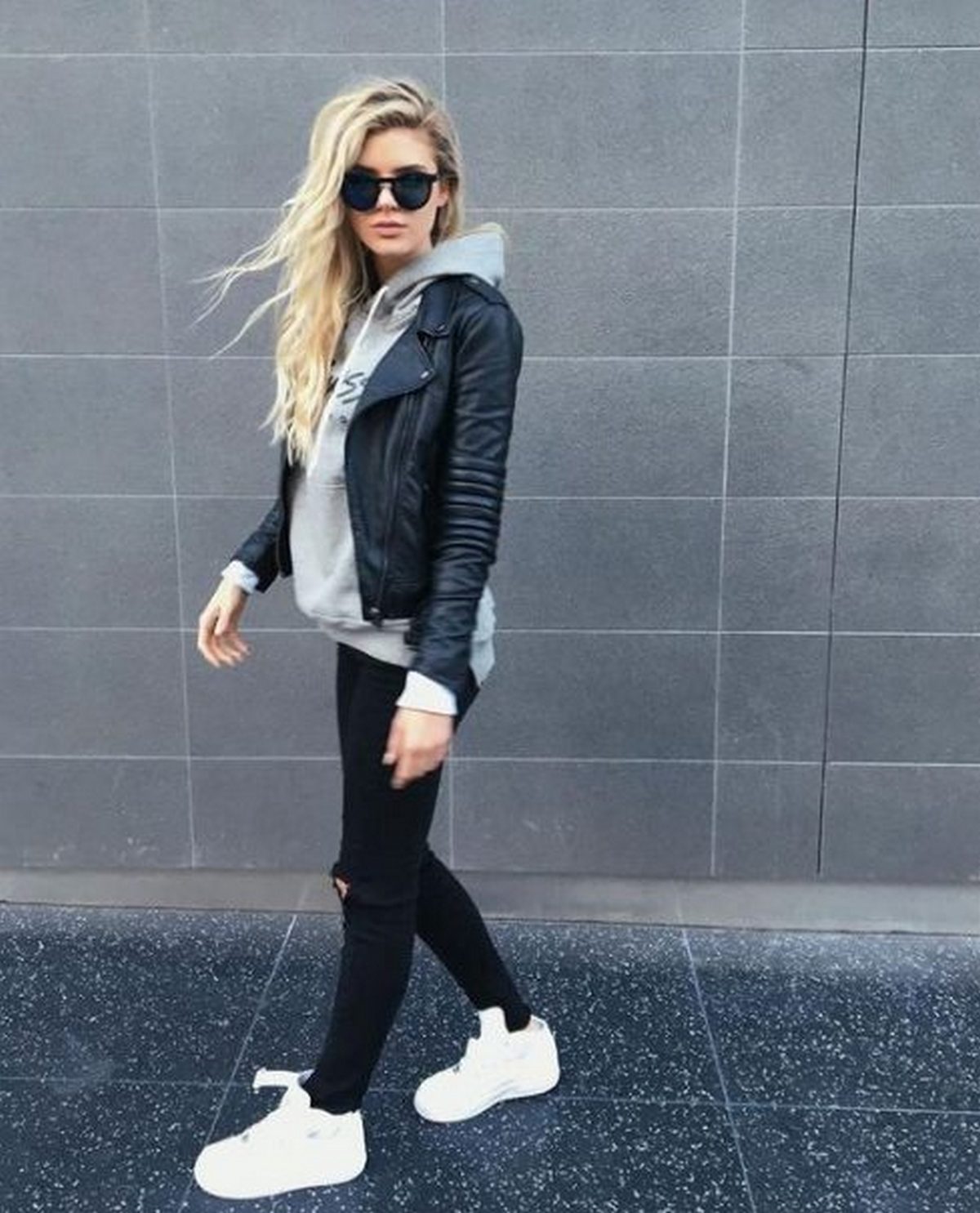 White Nike Sneakers, Black Hoodie, And Leather Jacket