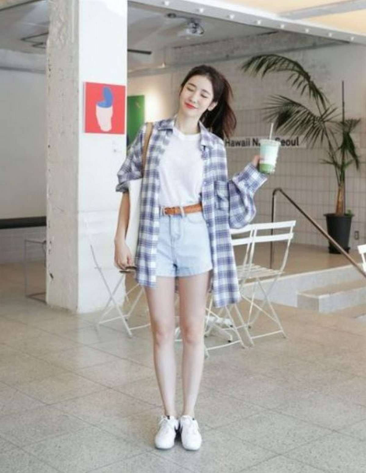 White T-Shirt, Long Sleeve Plaid Checkered Shirt, Denim Shorts, Belt, Sneakers