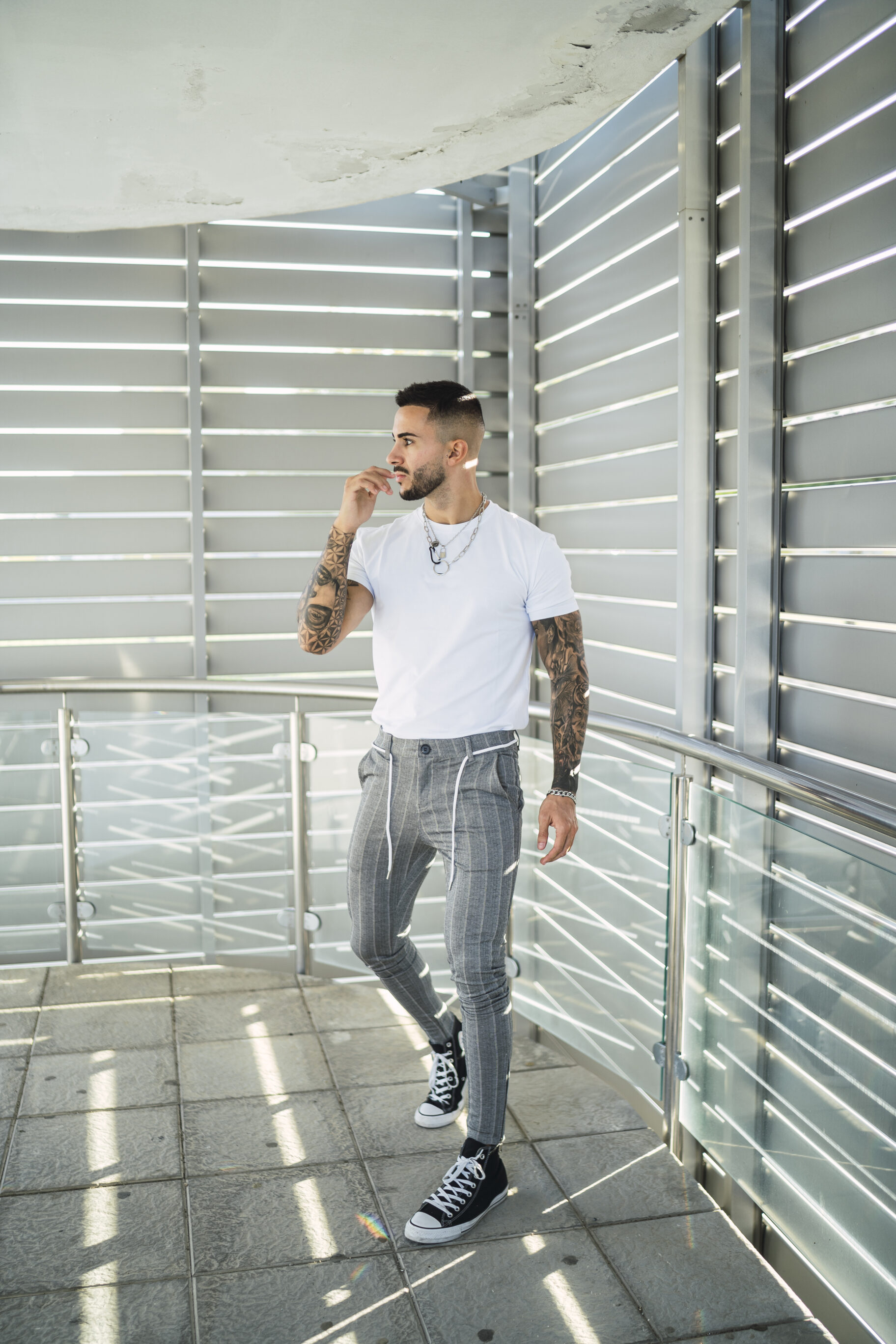 Gray Pants With A White T-Shirt For Men