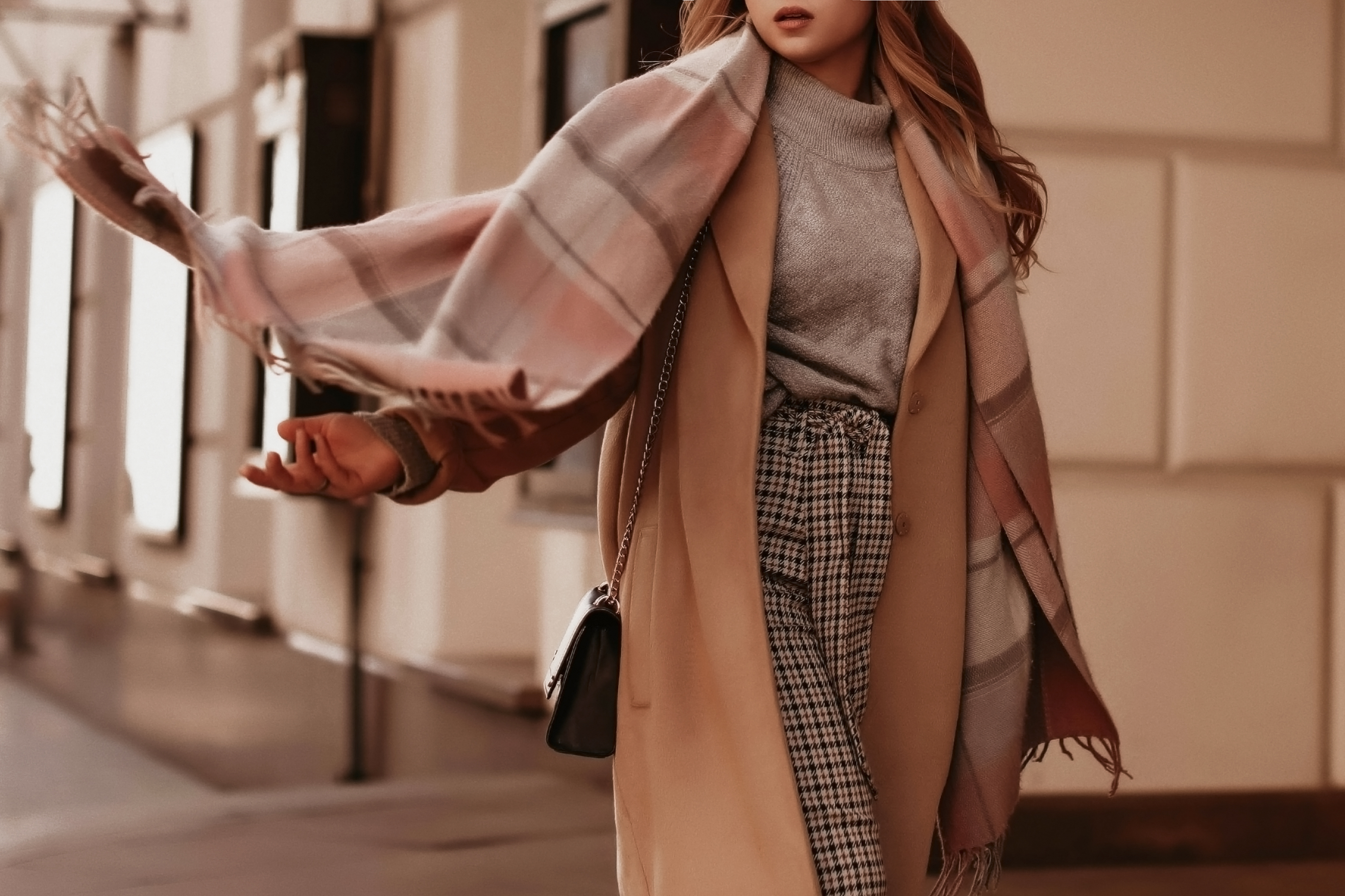 Grey Knitted Cozy Sweater, Scarf, Paid Pants & Brown Coat
