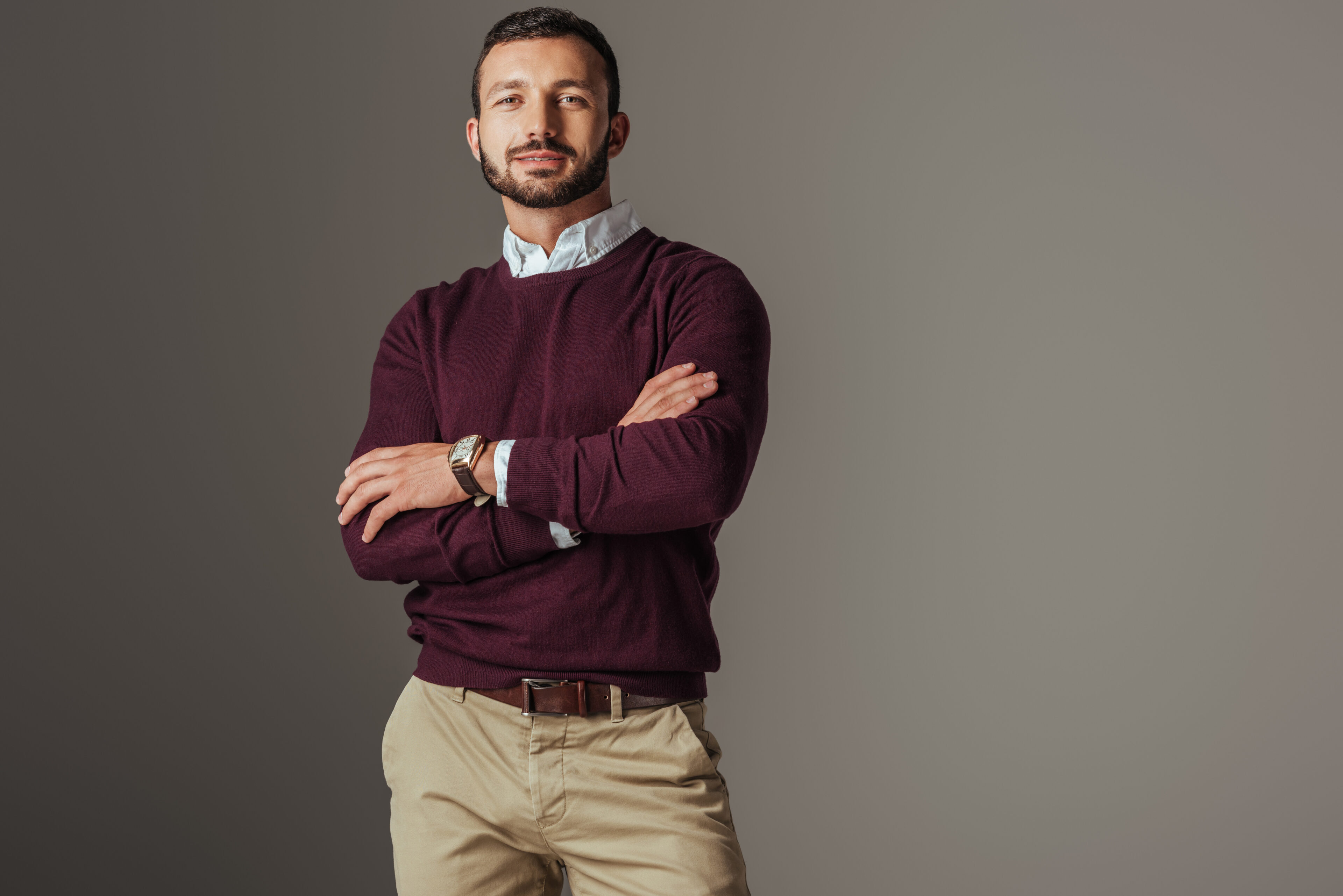Purple Autumn Sweater, Shirt, and Brown Pants