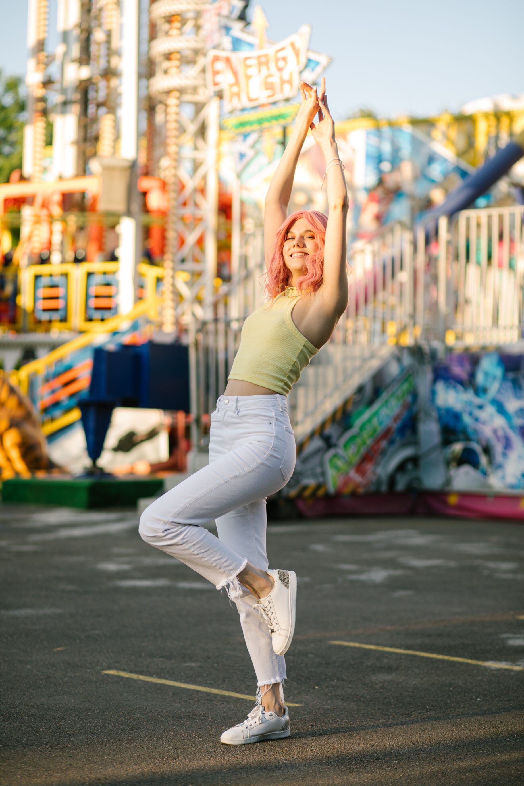 Yellow Top, White Jeans, And Sneakers