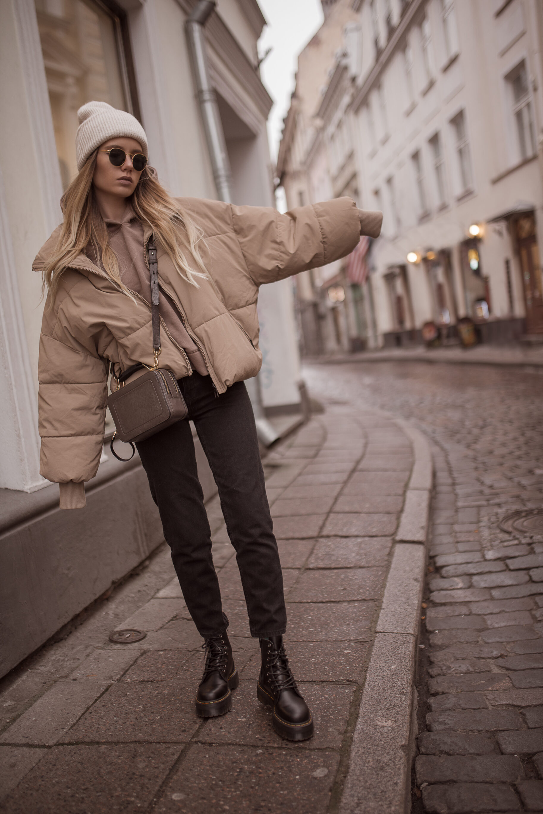 Down Jacket, Hoodie, Mom Jeans & Beanie