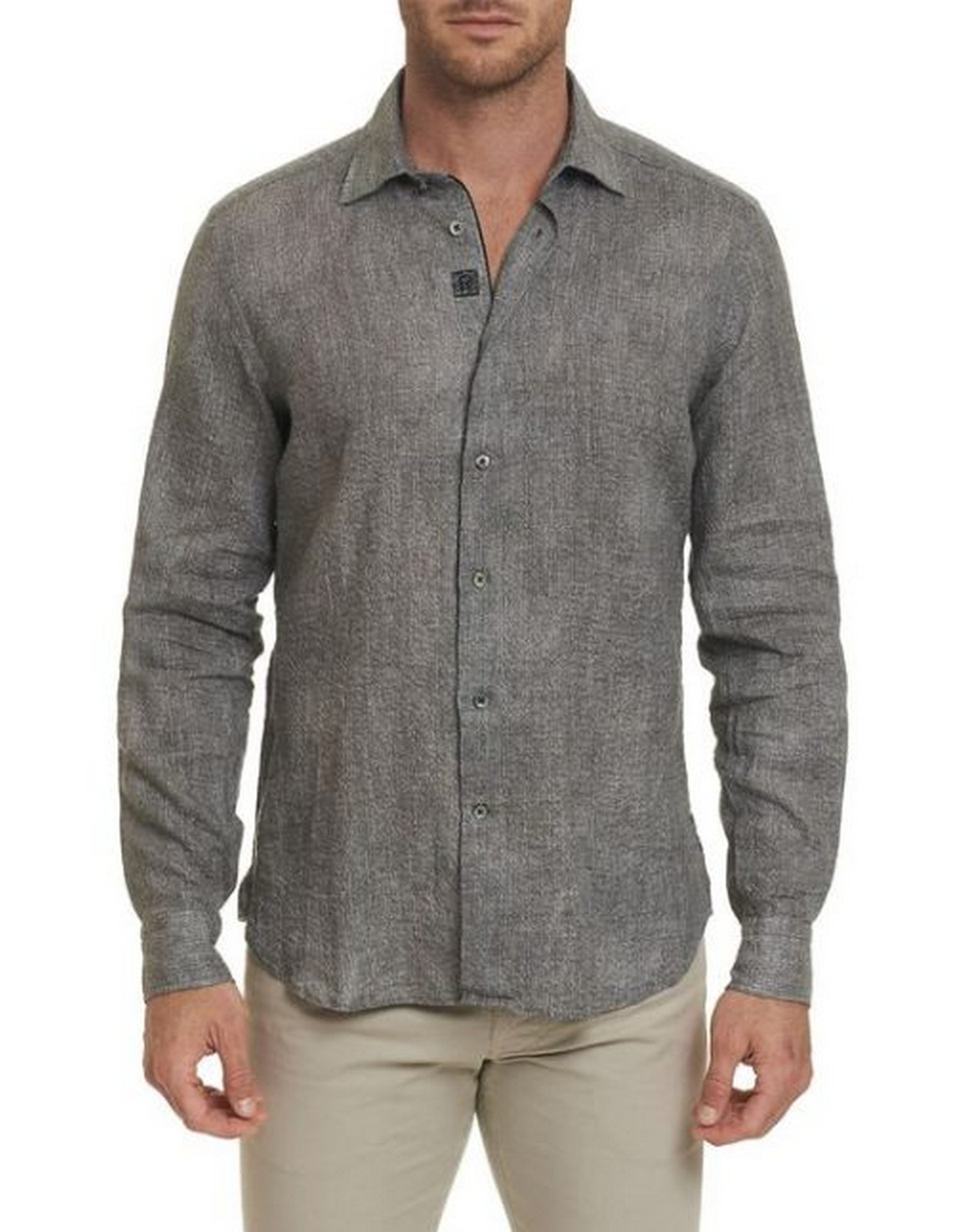 Gray Long-Sleeve Button-Down Shirts With Gray Chinos For Men