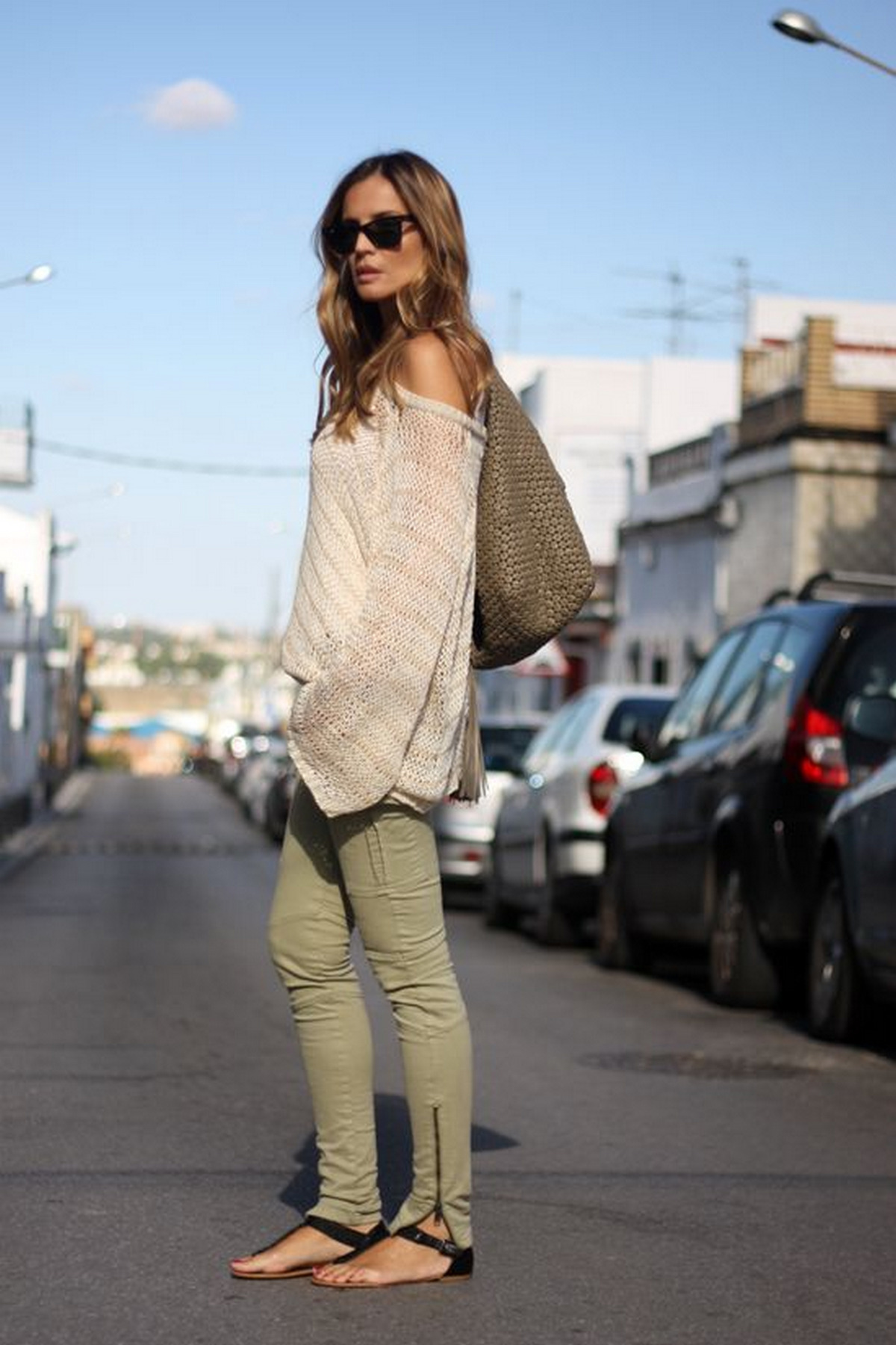 Off-the-Shoulder Top + Relaxed Pants + Thong Sandals