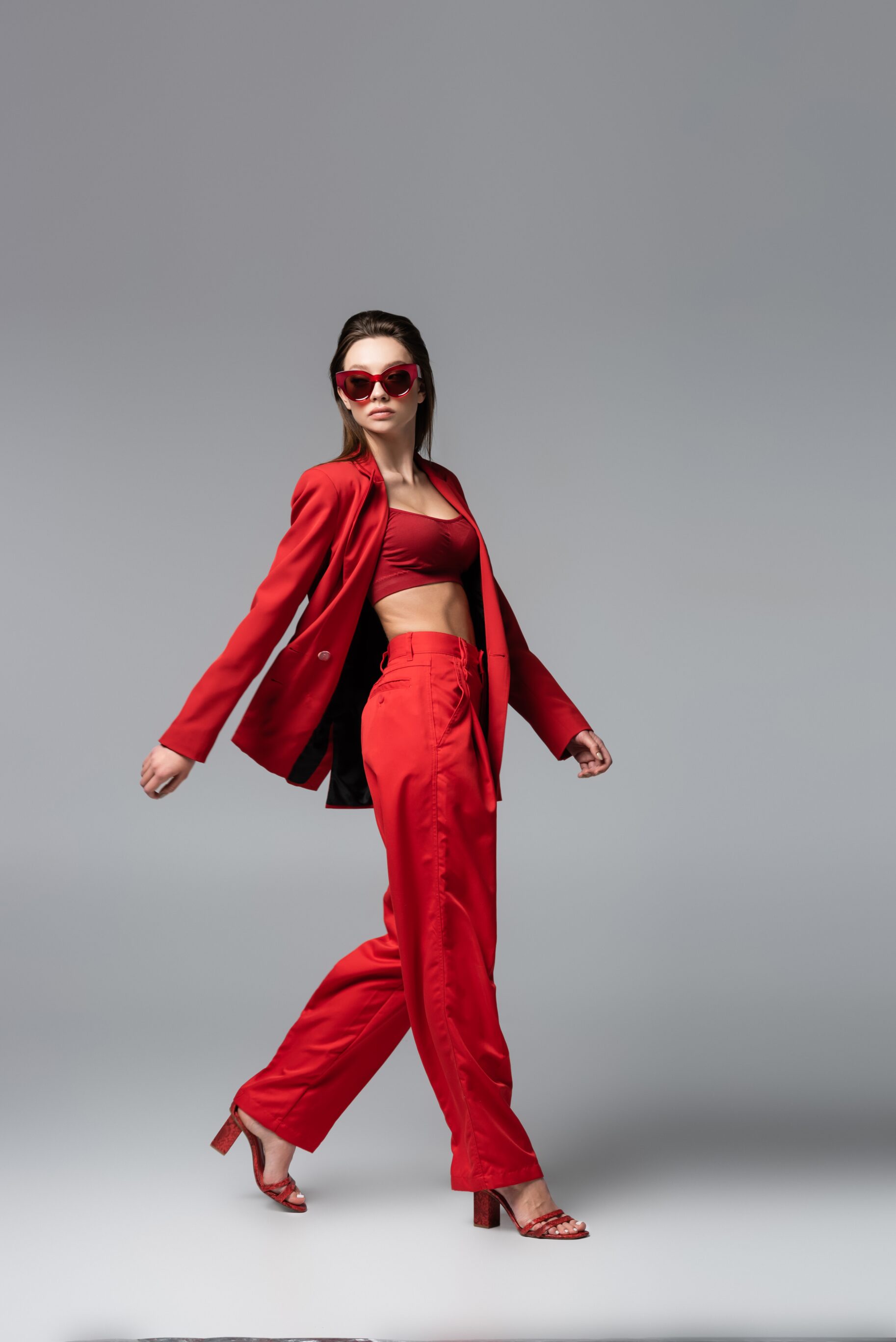 Red Crop Top, Red Wide-Leg Pants, And Red Blazer