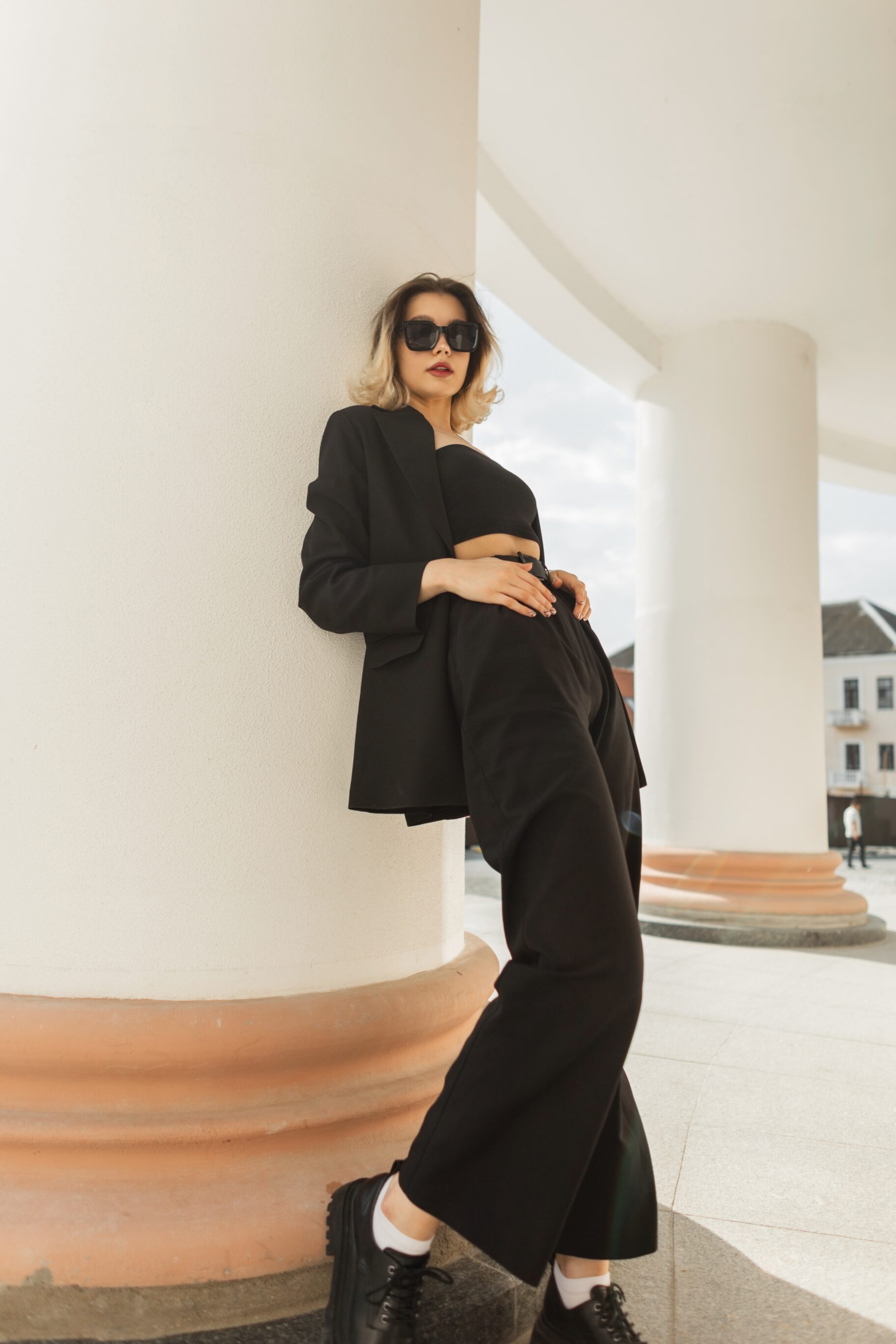 Black Outfit With Jacket, Wide Leg Pants, Crop Top & Shoes