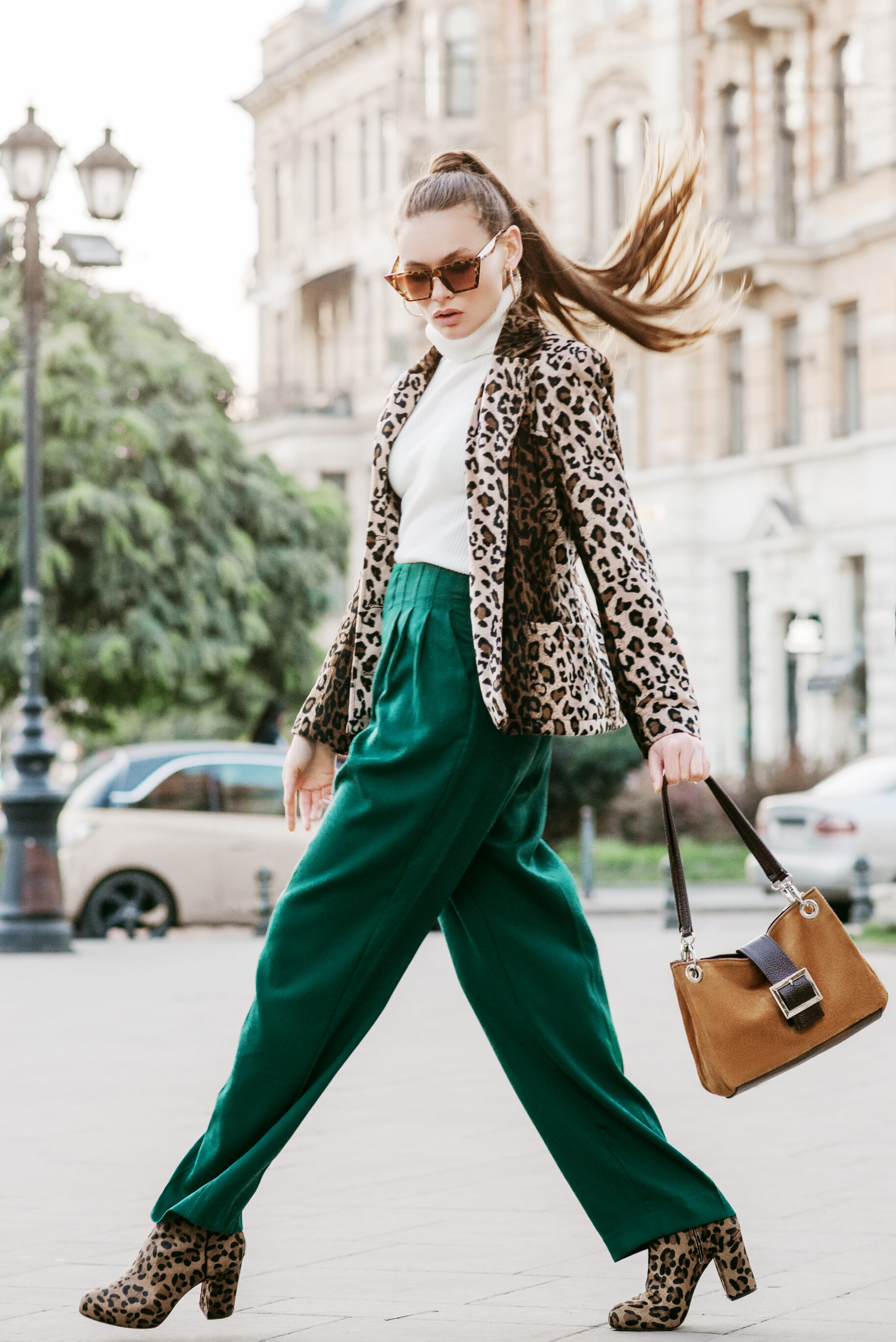 Leopard Print Jacket With Boots, Turtleneck & High Waist Pants