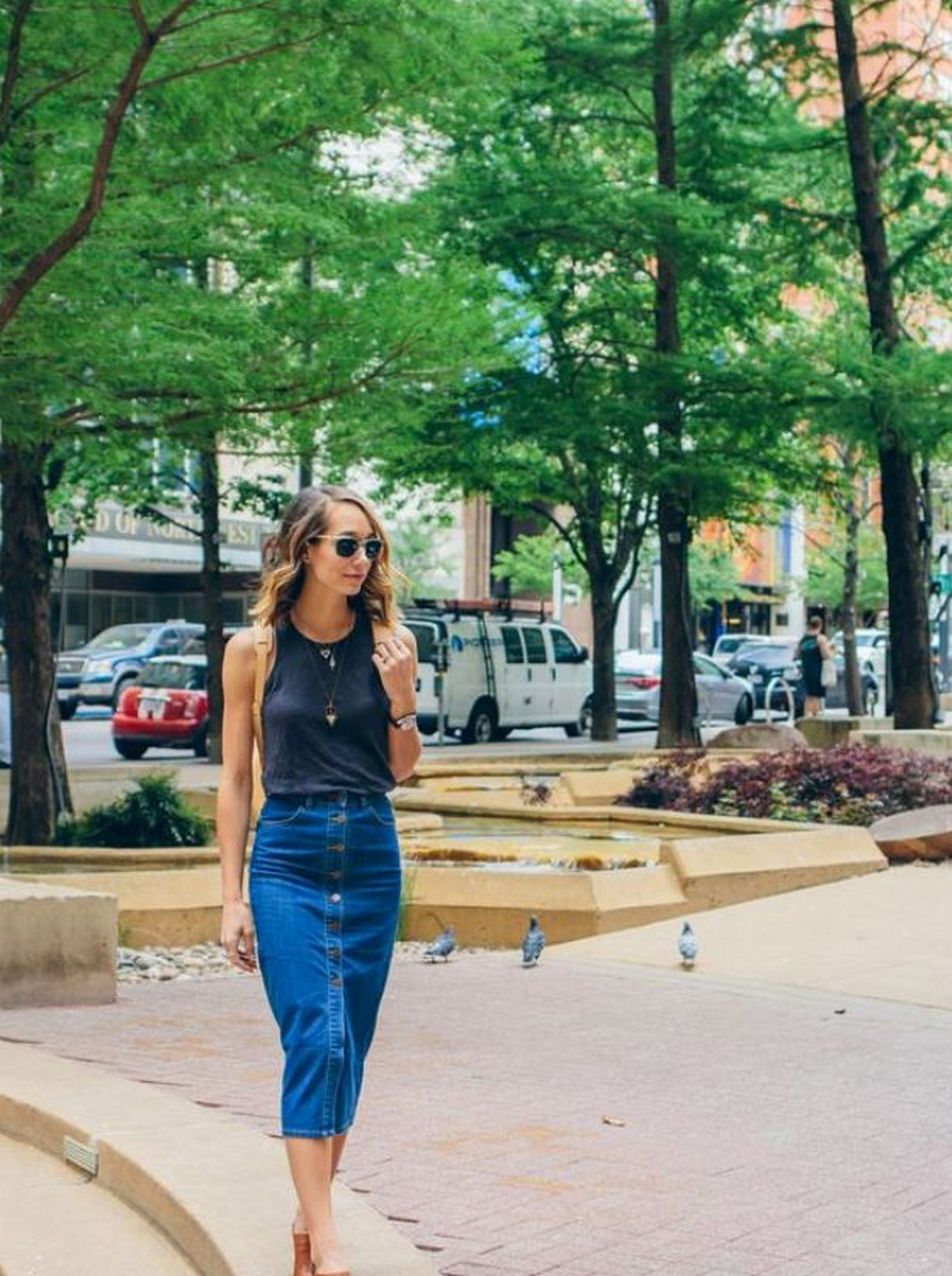 Mules With A Dark Tank And Denim Midi Skirt