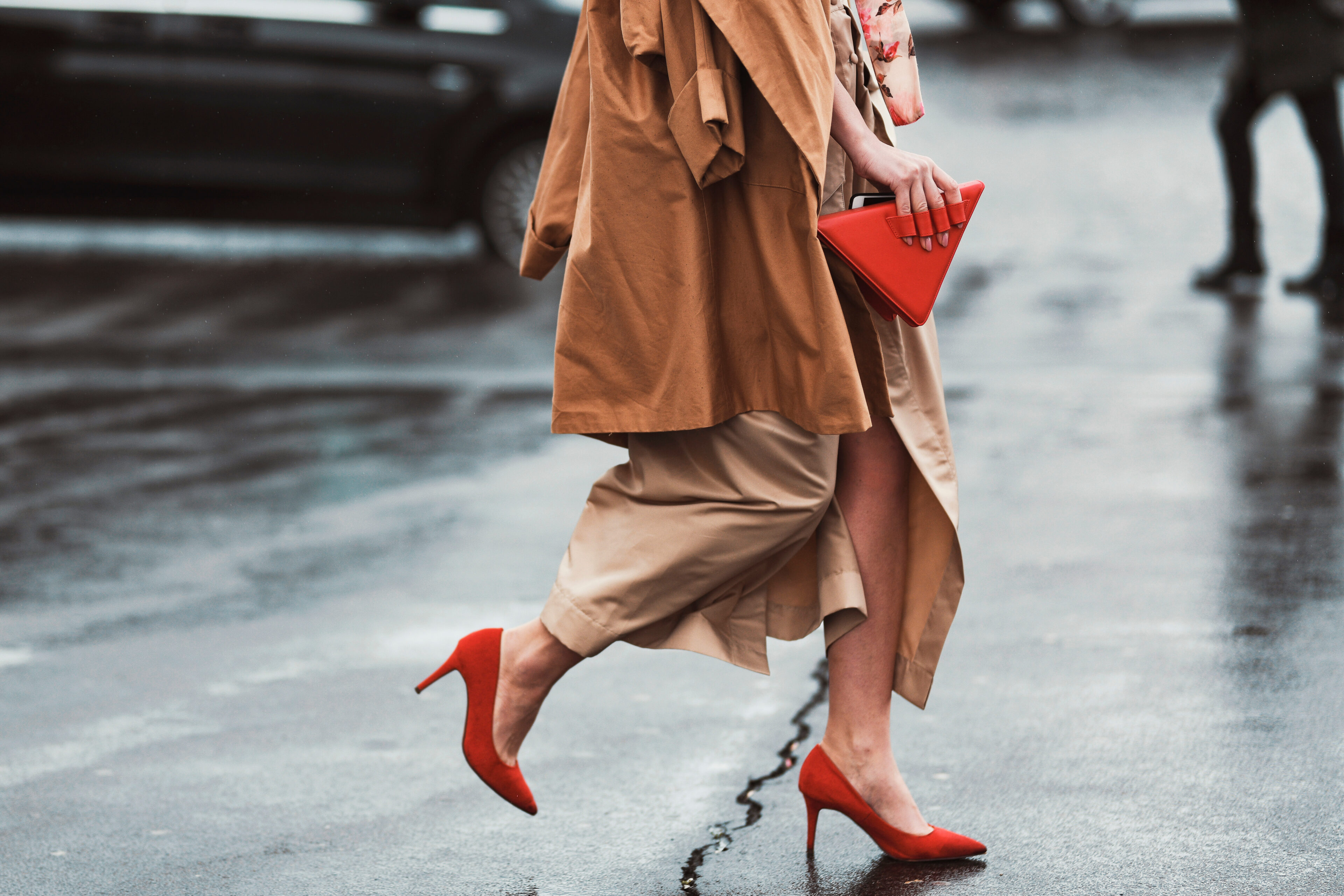 Neutral Dress And Red Pumps