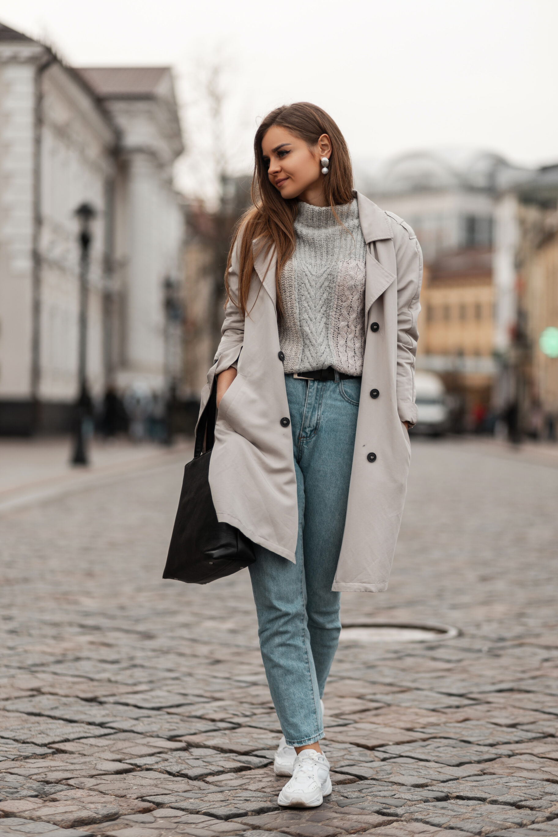 Turtleneck With Trench Coat And Baggy Jeans