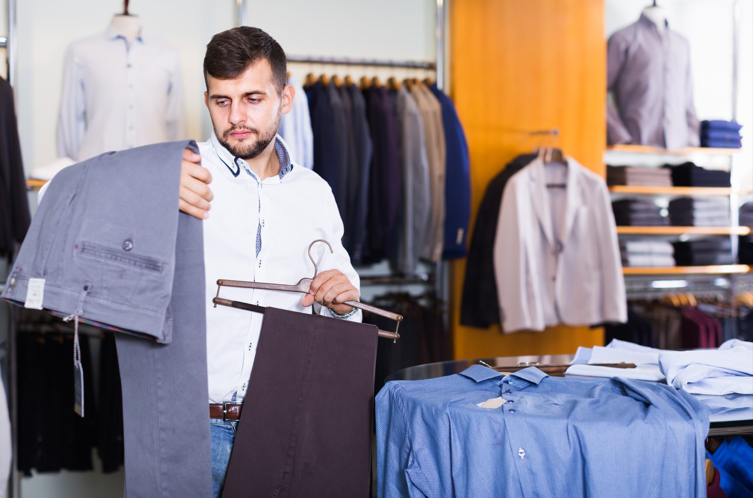 men picking european pants and trouser sizes