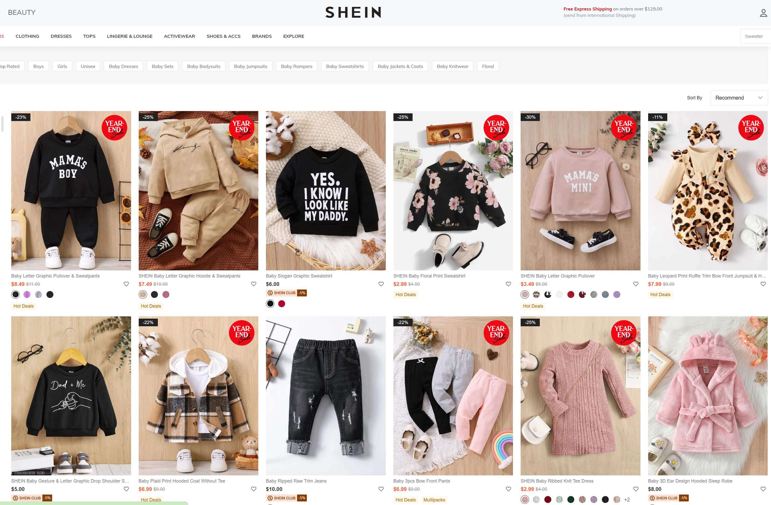 Shein baby clothes website page screenshot