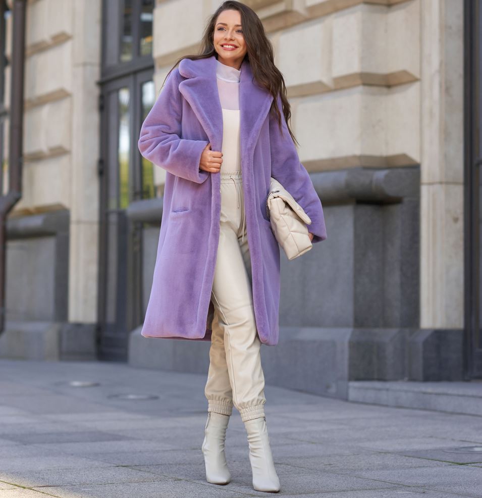 White Trousers, Pullover, Shoes, And Lilac Fur Coat