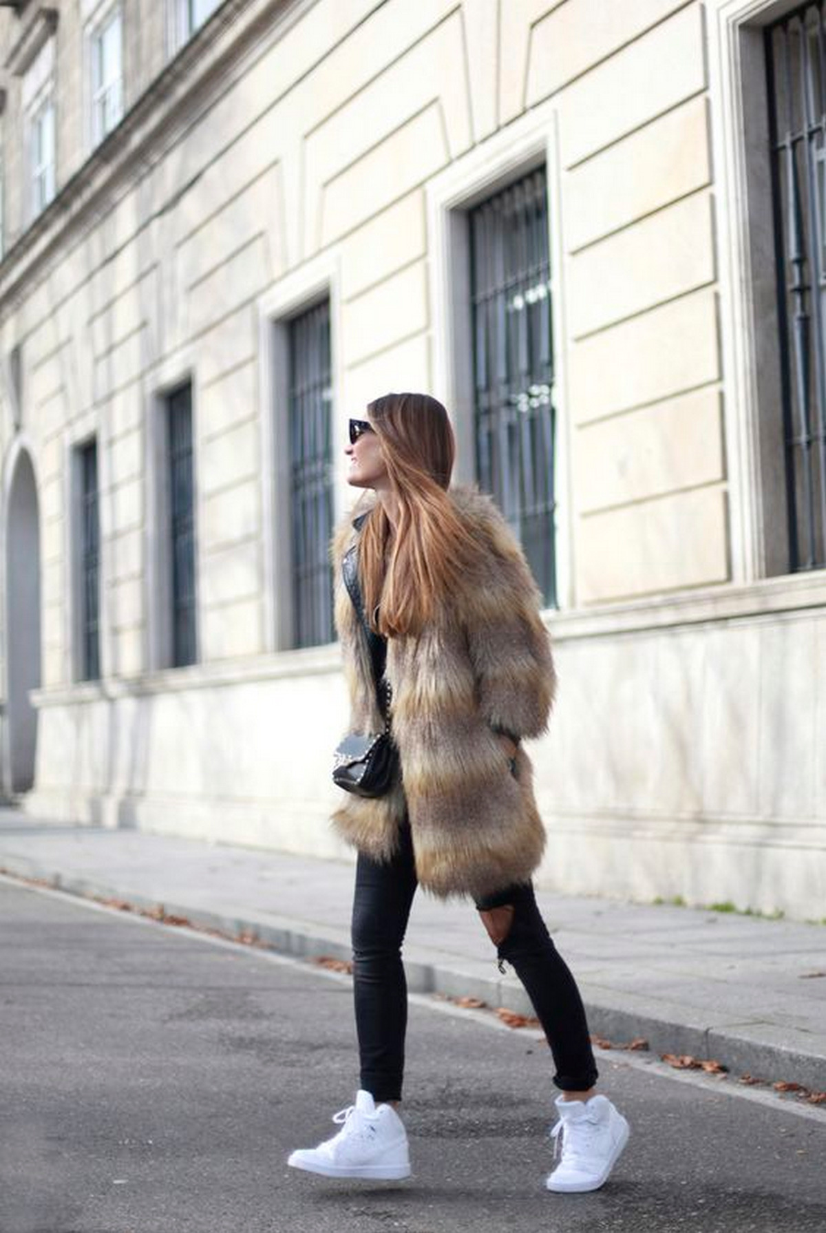 Faux Fur Coat with Sneakers in Fall
