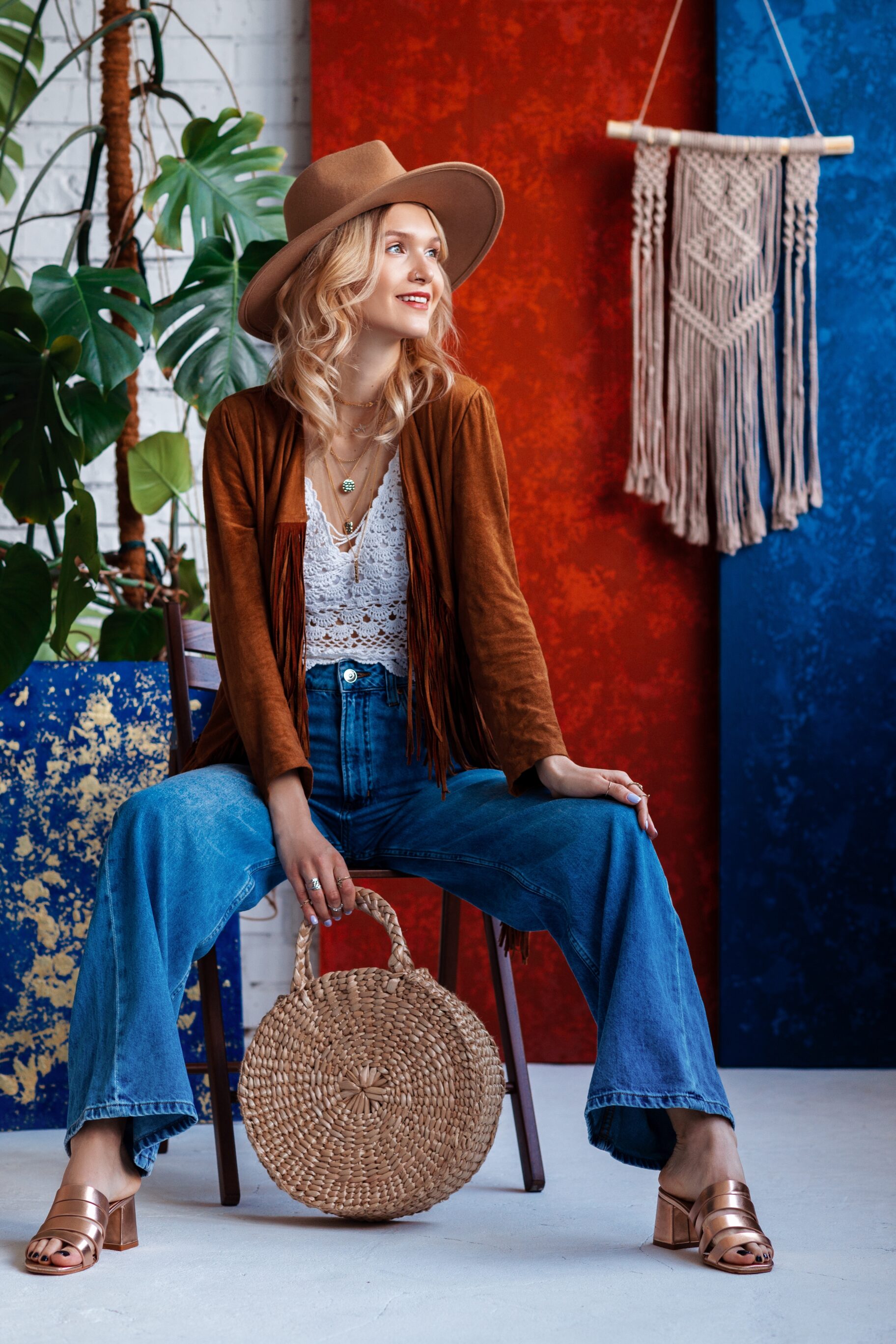 Tank Top, Suede Jacket With Fringe, And Wide Leg Jeans