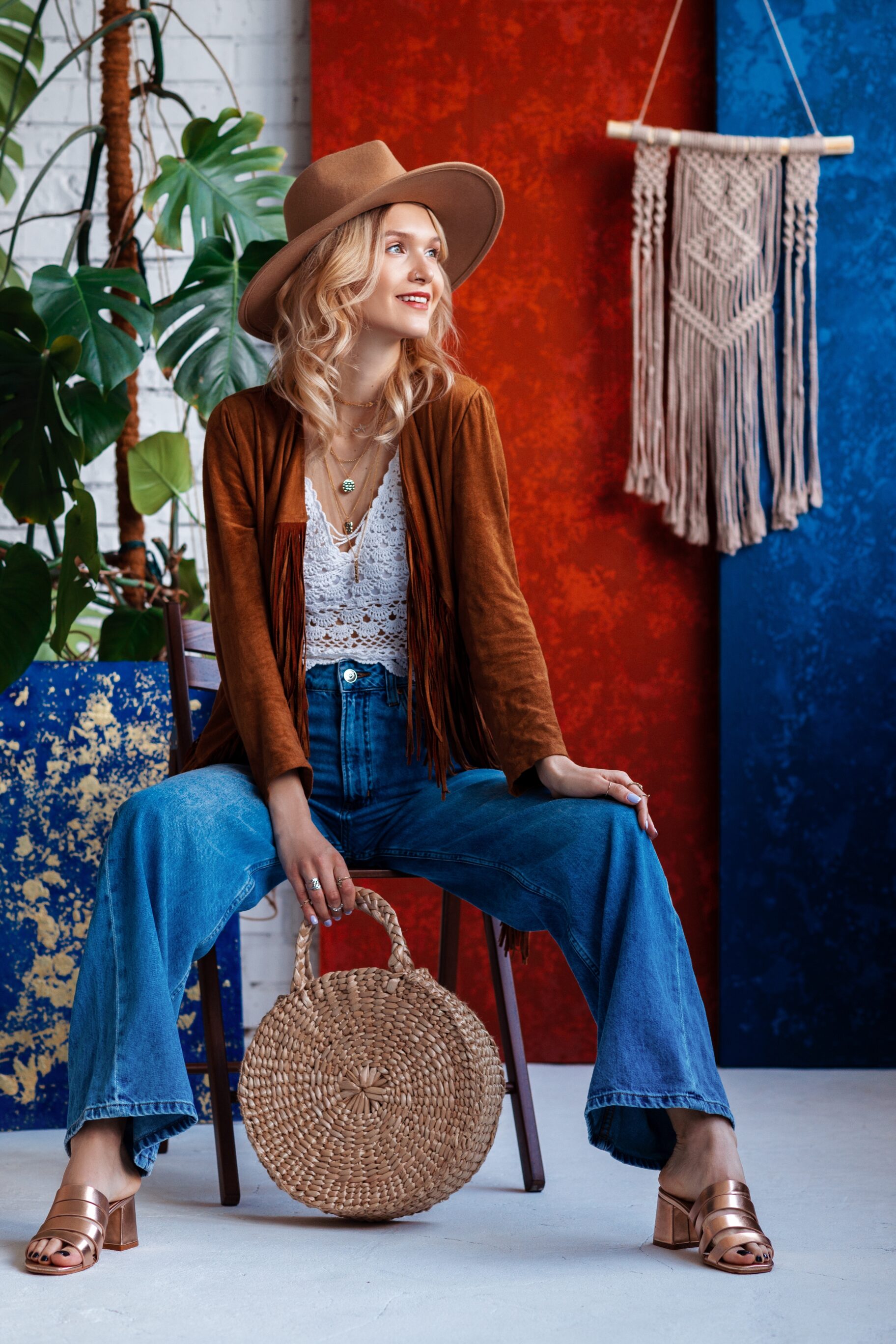  Tank Top, Suede Jacket With Fringe, And Wide Leg Jeans