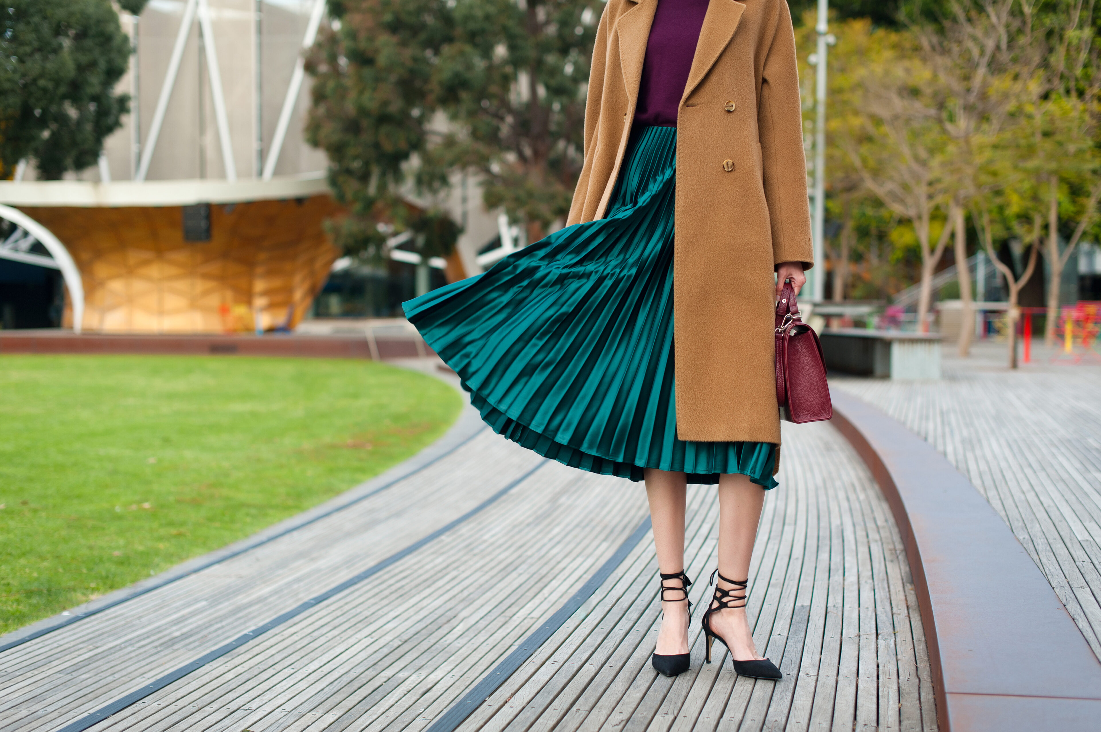 Blouse, Trench Coat, And Long Midi Skirt