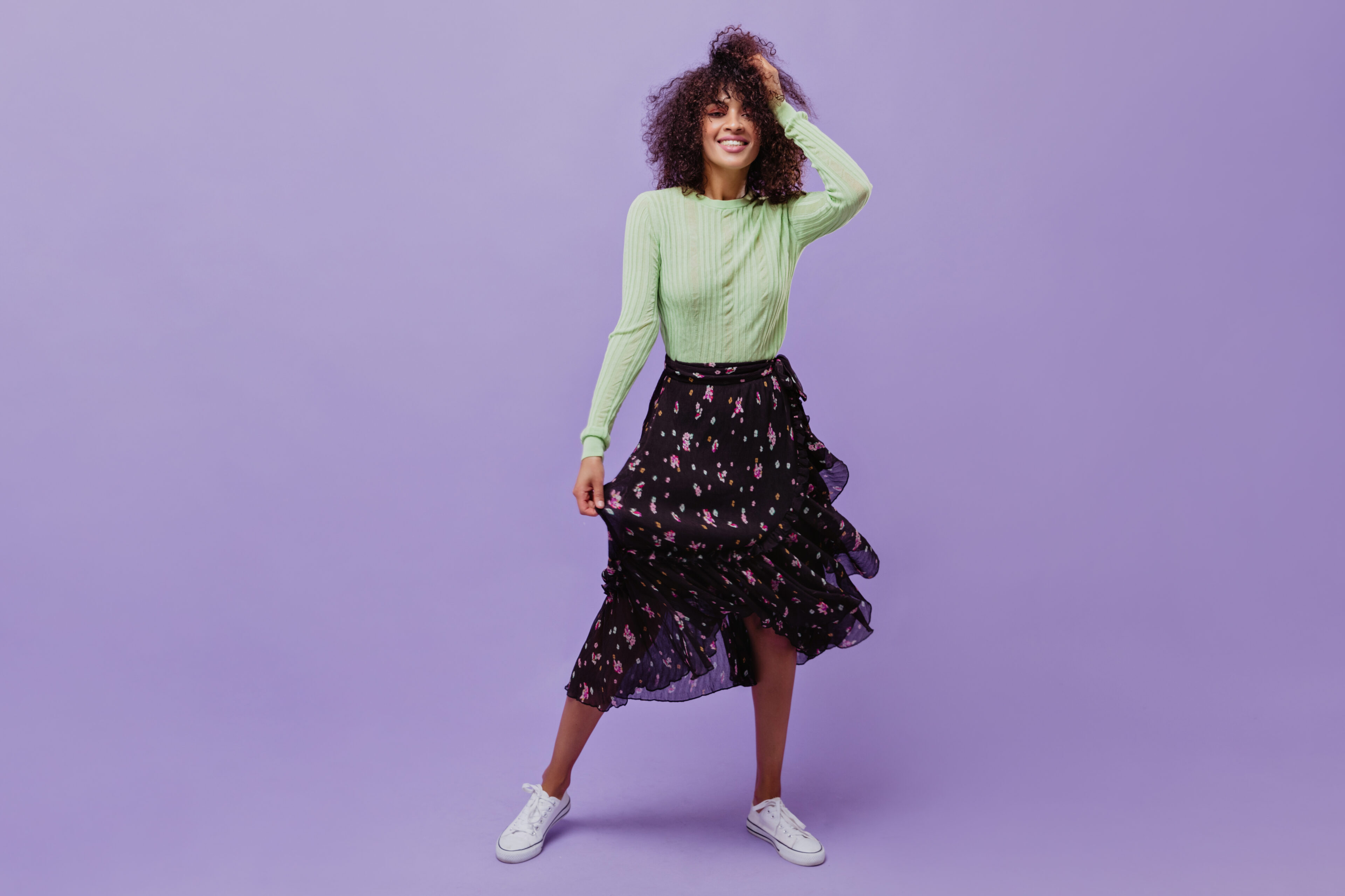 Long Sleeve Shirt, Floral Skirt, And Sneakers