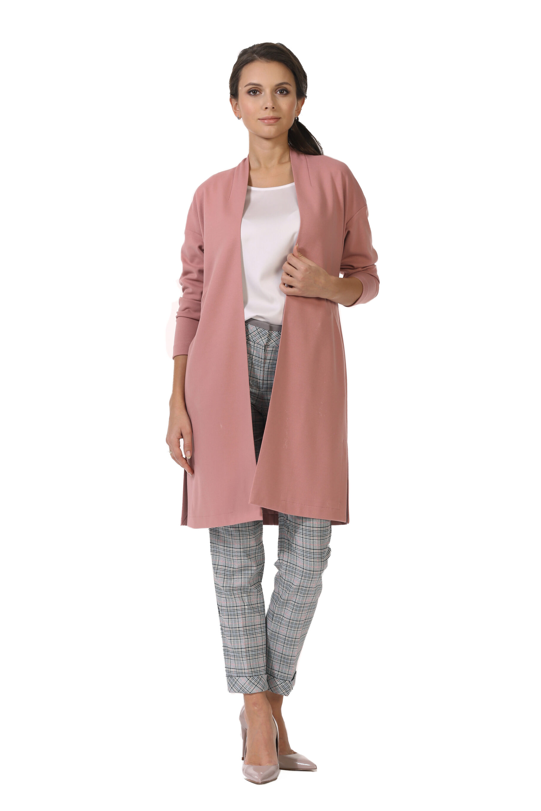 White Blouse, Checked Trousers, And Cardigan