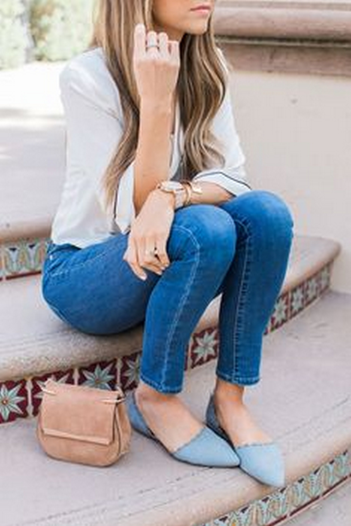 T-Shirt, Jeans, And Blue Suede Flats