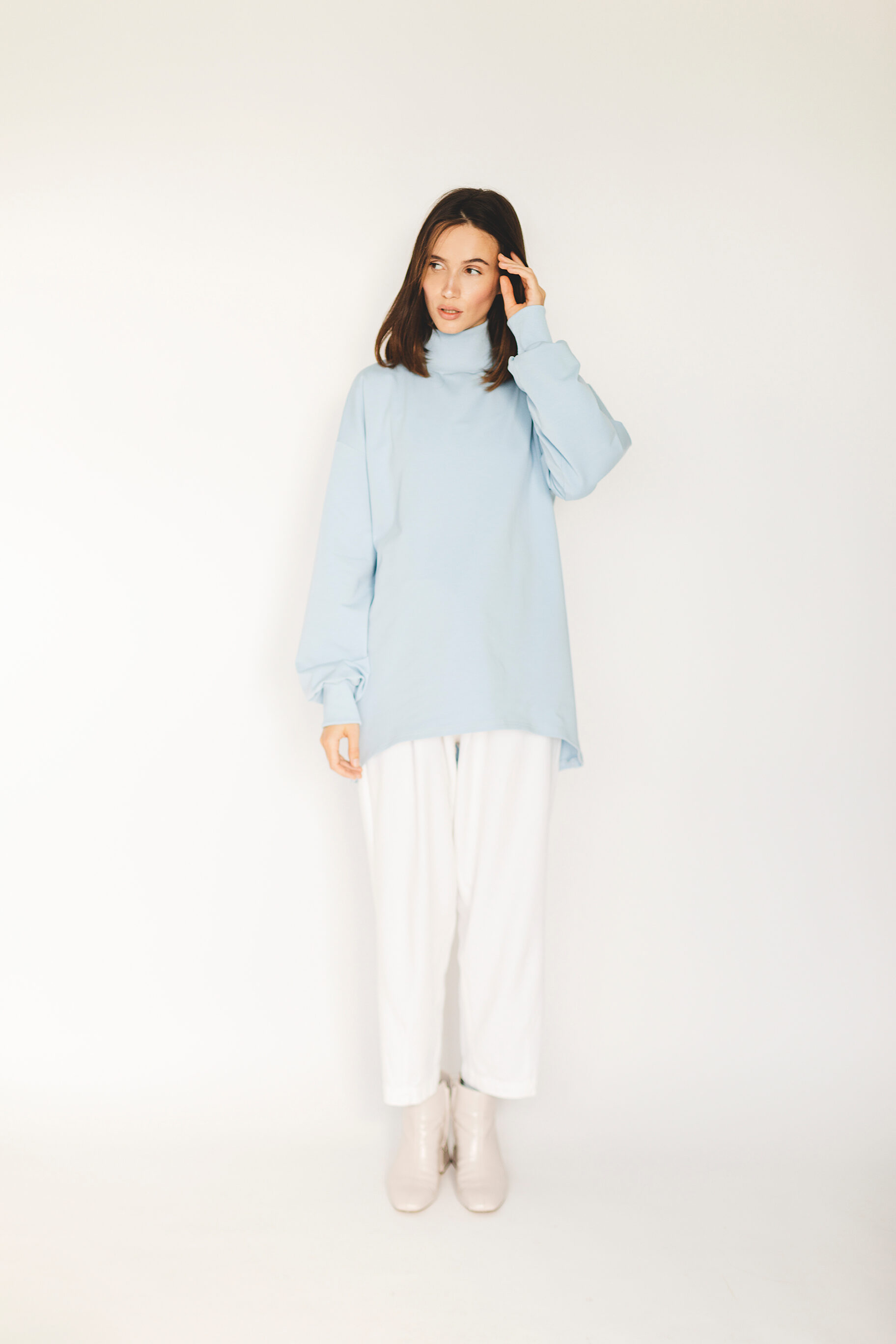 Blue Sweater And White Wide-leg Pants