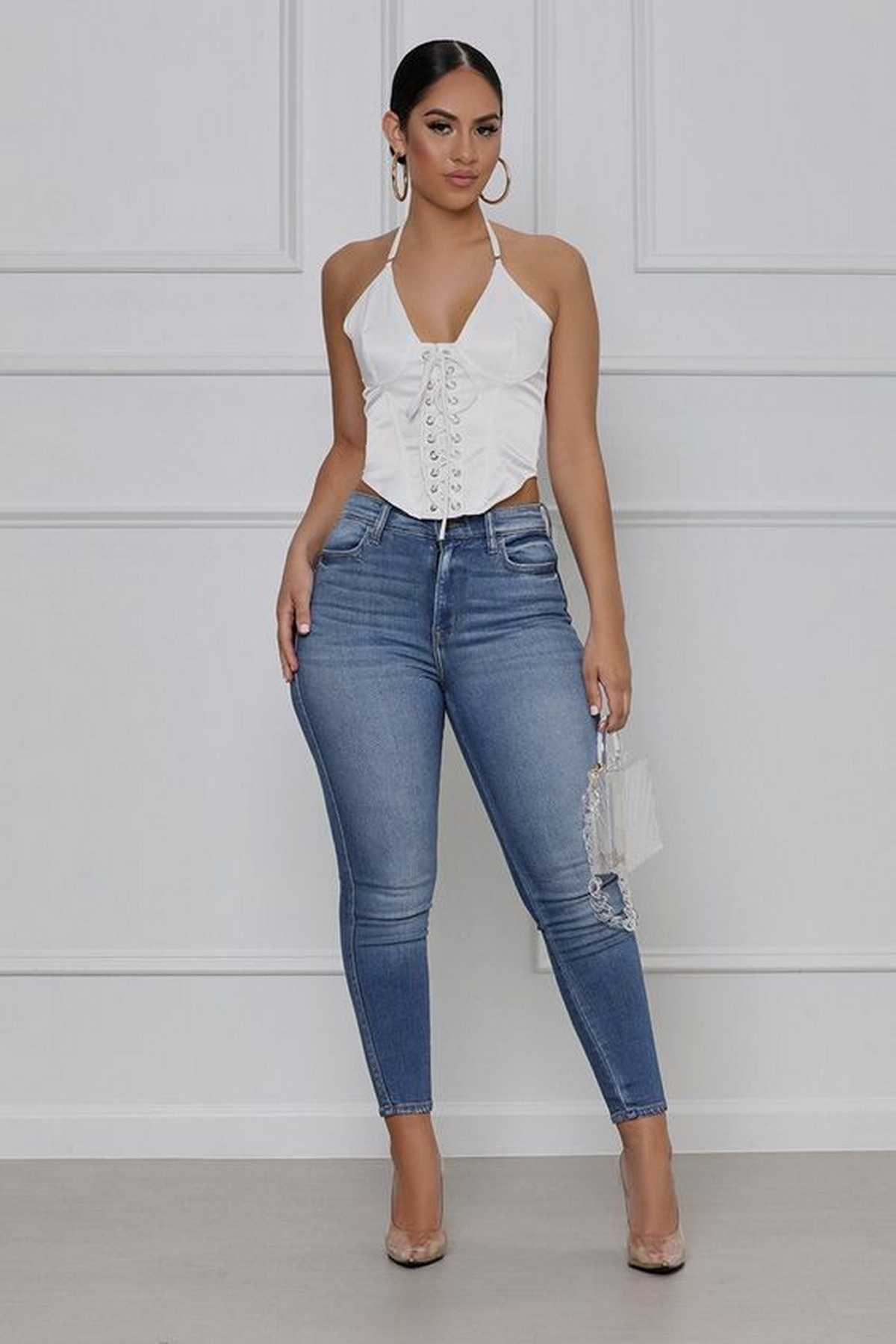 Satin Corset Crop And Jeans
