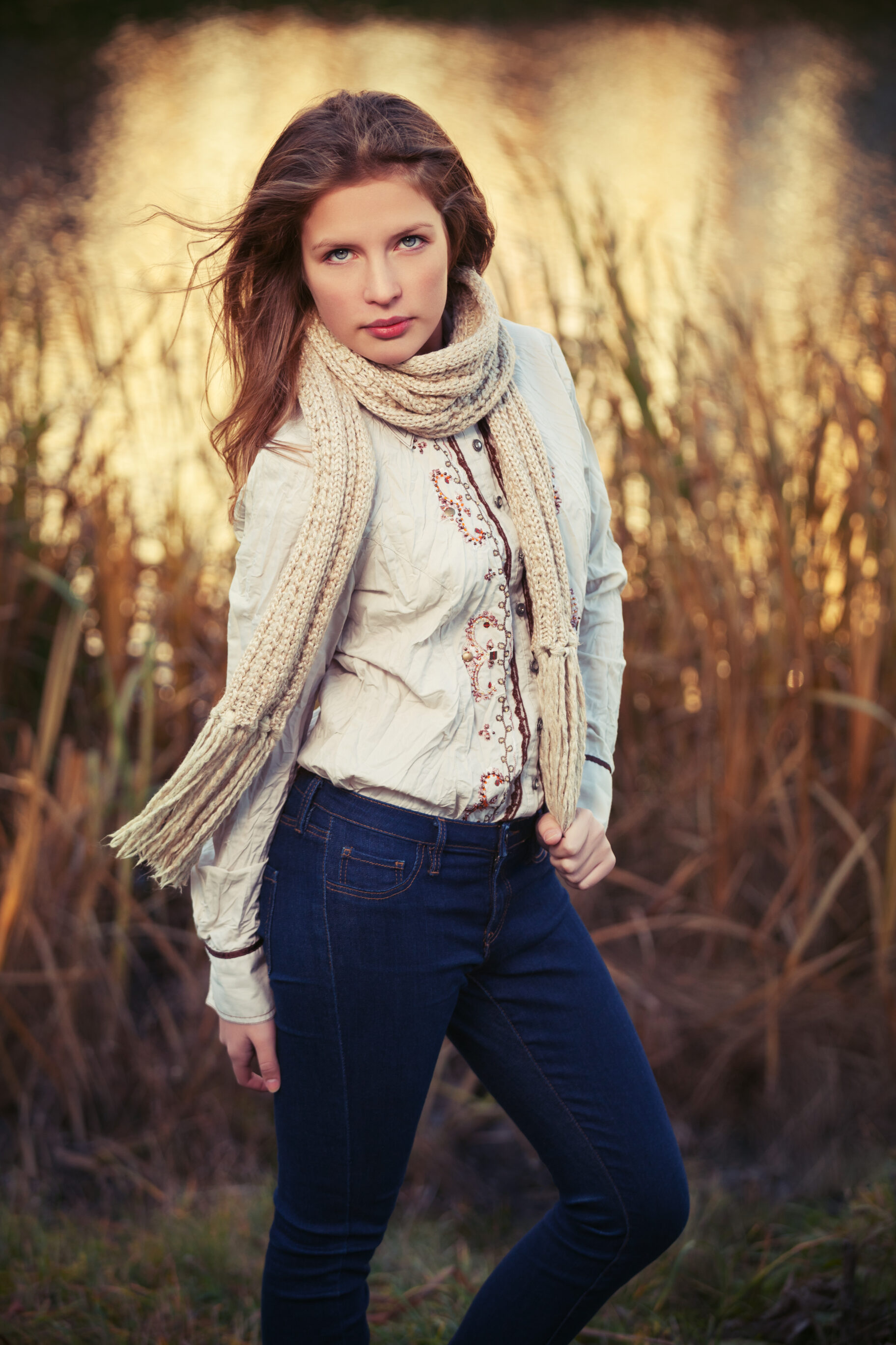 White Shirt, Scarf, And Jeans 
