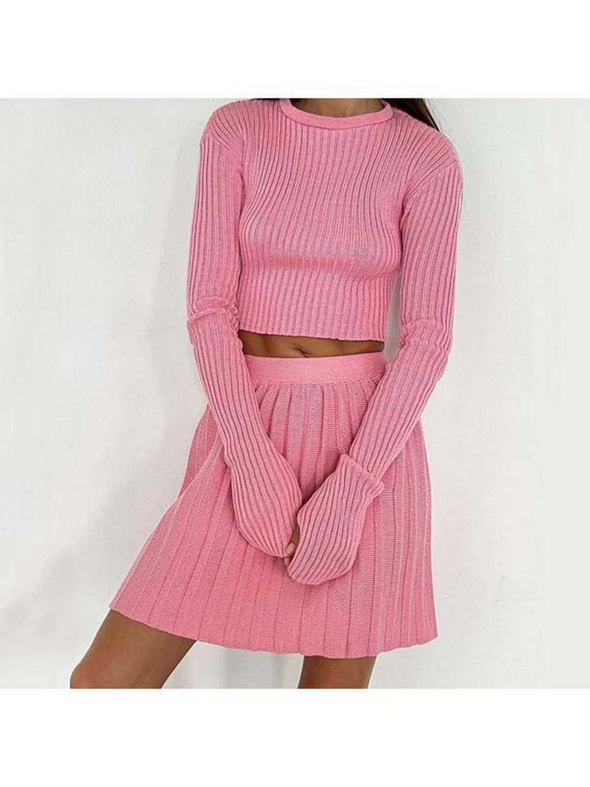 Long-Sleeve Tight Suit Pleated Mini Skirt
