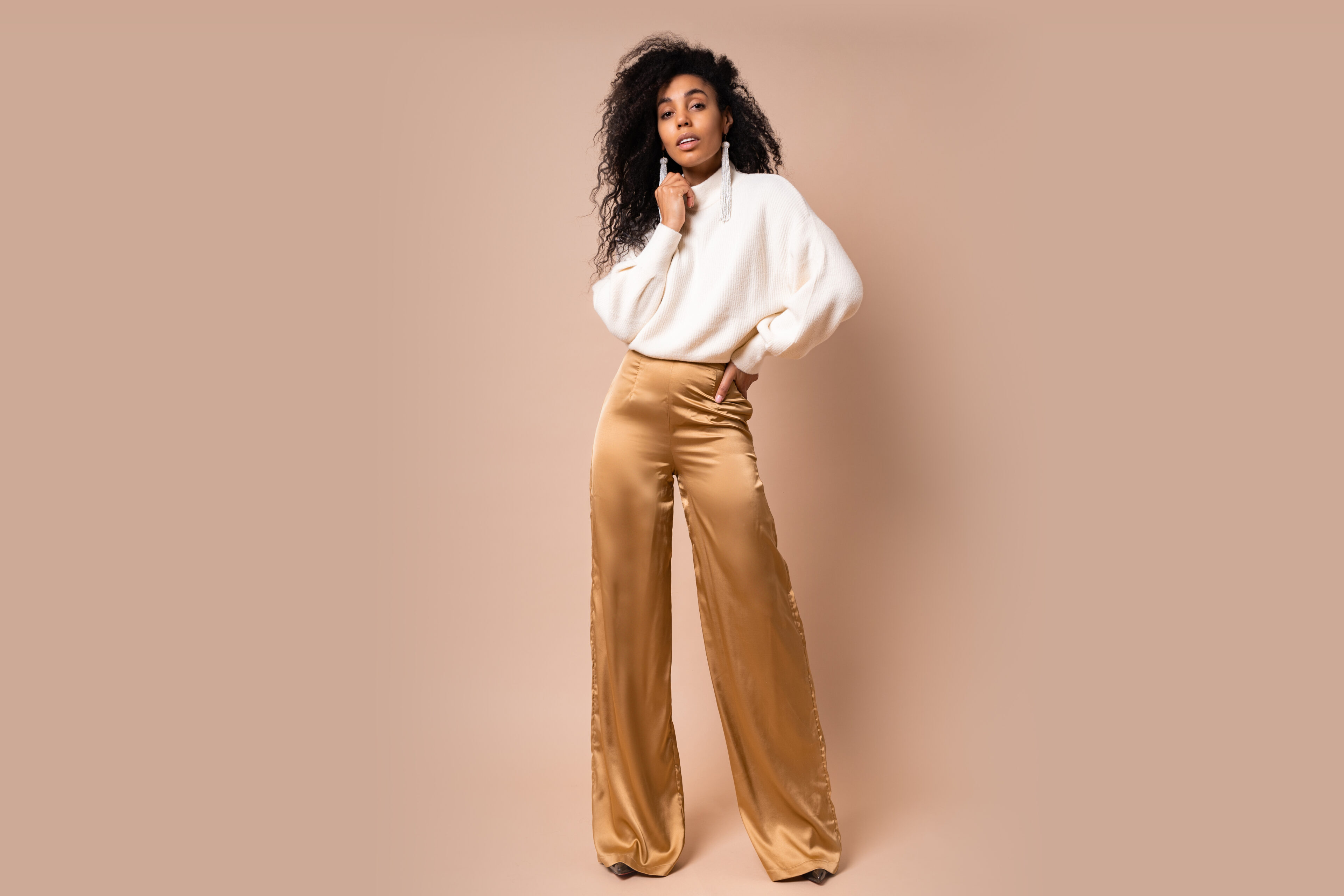 Puff Sleeves, Turtleneck, And Silk Wide Leg Pants