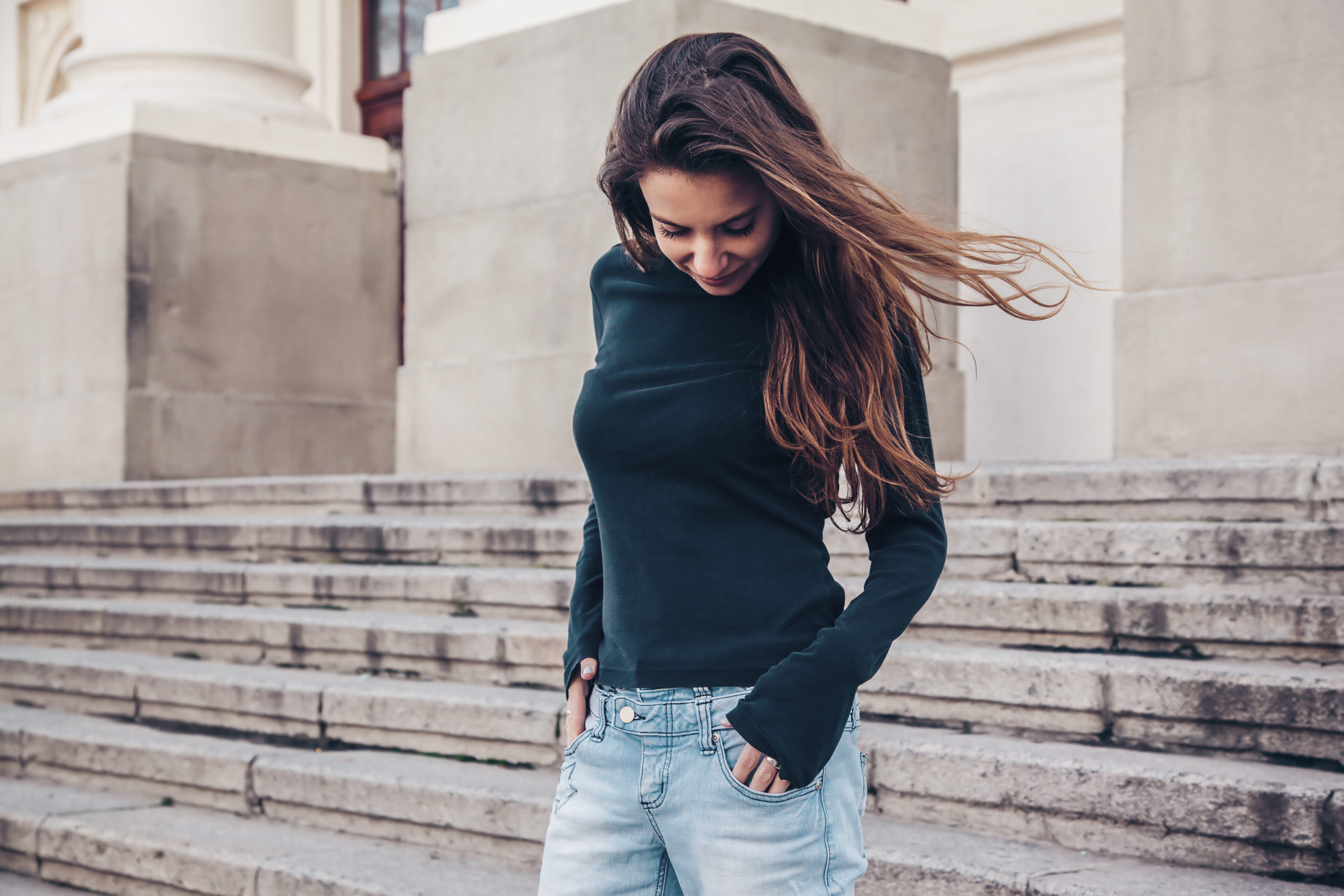 Black Long-sleeve T-shirt and Blue Jeans