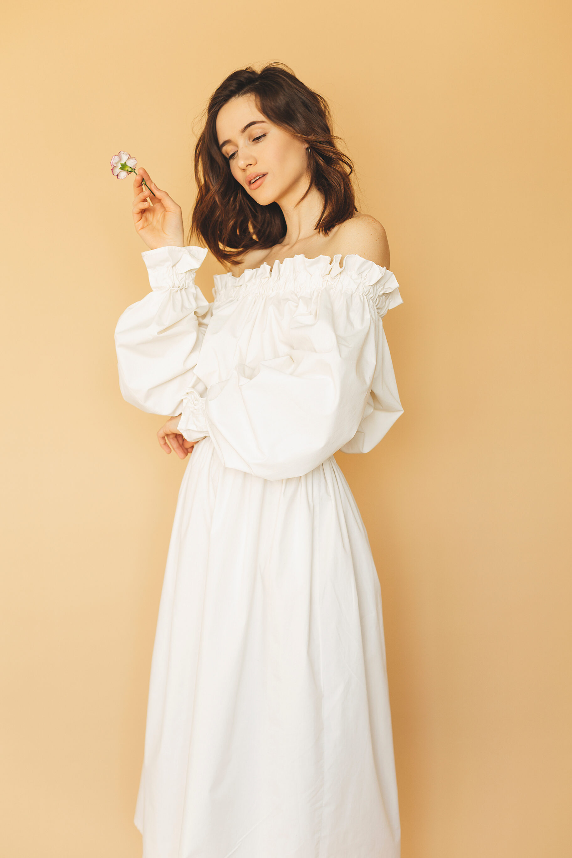 White Off Shoulder Puff Sleeves Dress