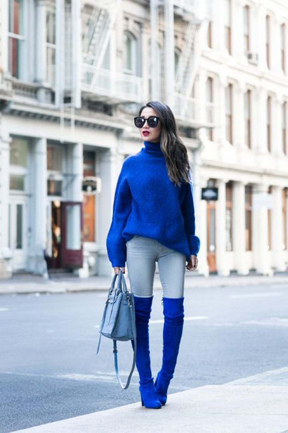 Sweater, Skinny Jeans, And Blue Suede Thigh-High Boots
