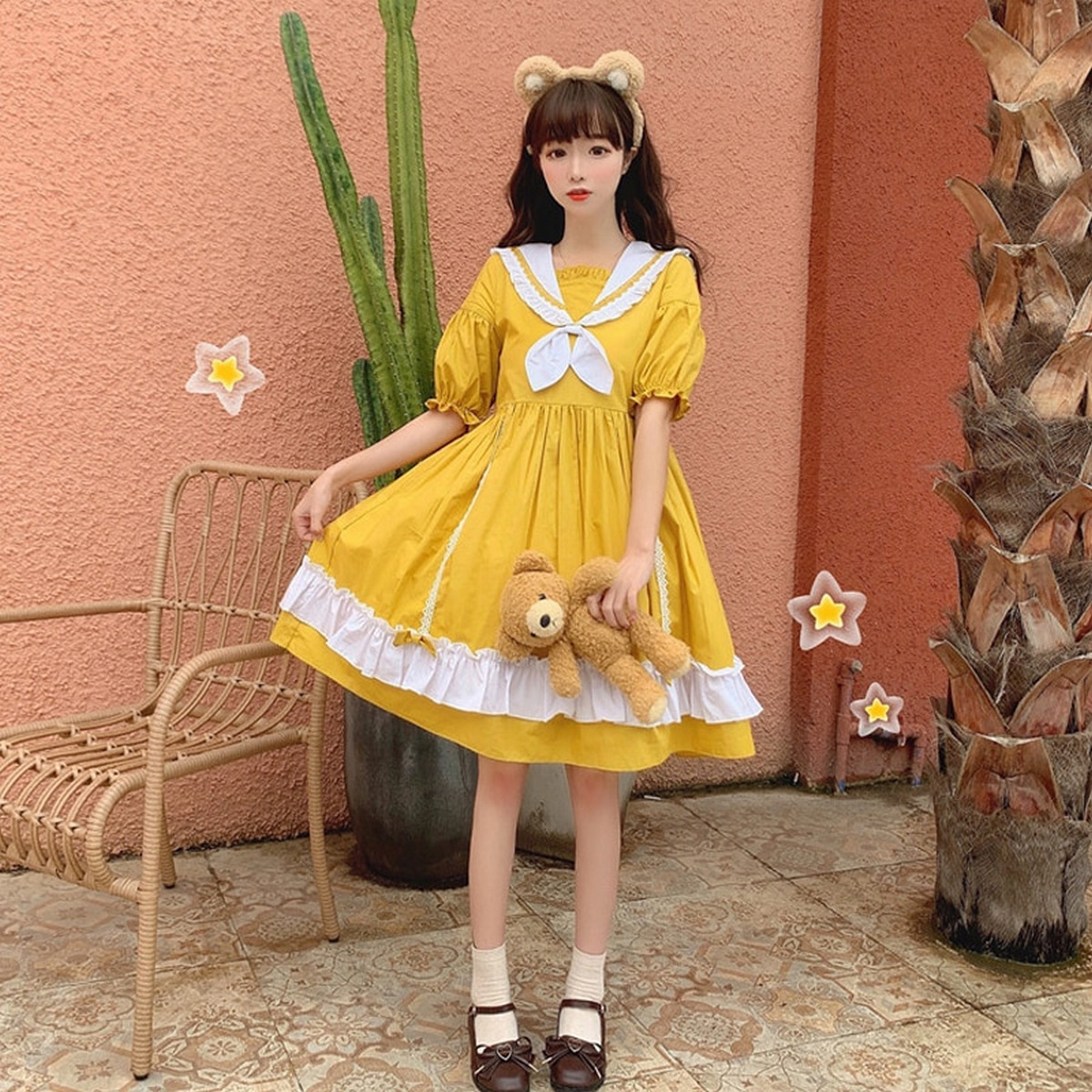 Yellow Lolita-Style Summer Dress Sailor Collar