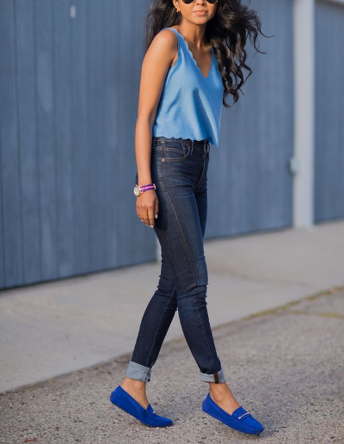 Tanktop, Skinny Jeans, And Blue Suede Loafer