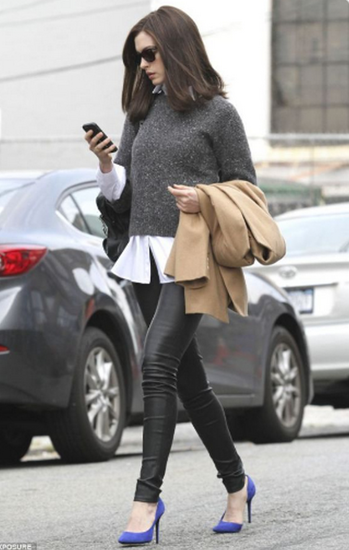 Sweater Over Shirt, Leather Legging, And Blue High Heel Pumps